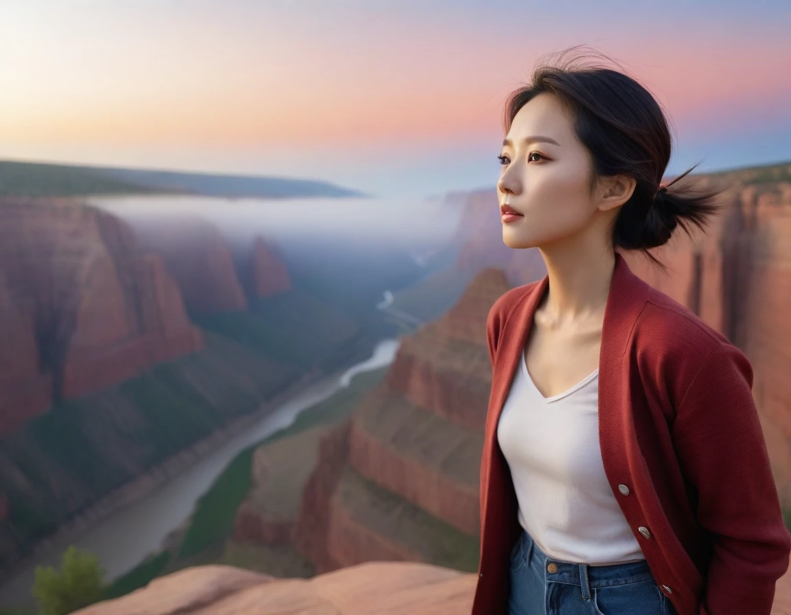 k Best picture quality, Beautiful 36-year-old Korean woman, short and good weather. Chest size 34 inches, View of Colorado Canyon, USA ,A red-colored sunrise with thick fog, Back background realistic and vivid image quality, Short and medium hair blowing in the wind, Wearing comfortable travel clothes, casual pants and a cardigan., Faint smile. The background is clear, Short and slim Korean woman, Standing in the distance, photographed with a wide-angle lens, full body shot