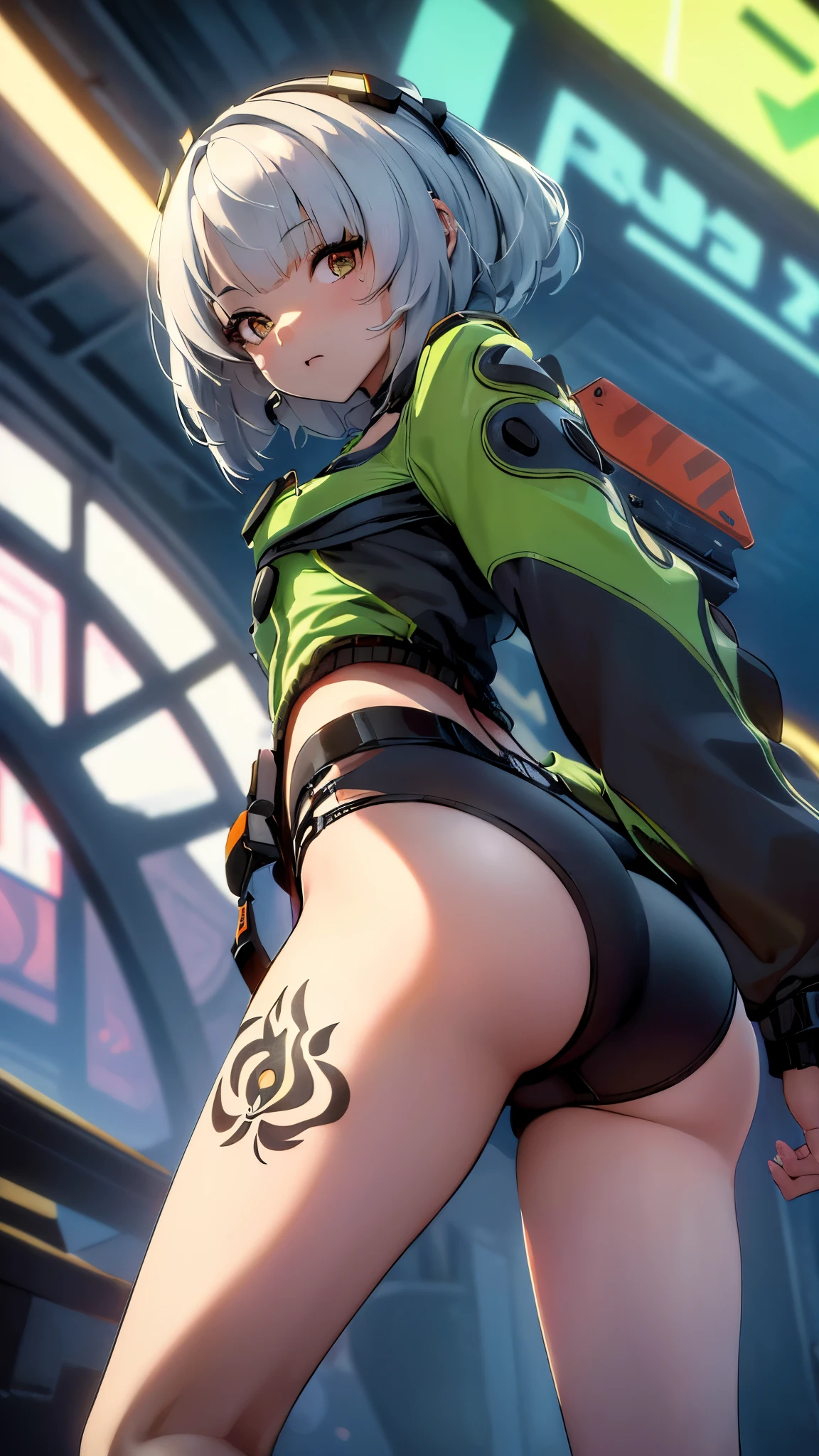 (best quality,highres:1.2),ultra-detailed,realistic,photorealistic:1.37,a beautiful girl (Milim Nava (Anby Demara - Zenless Zone Zero) model in a fantasy style,18 years old,long legs,medium breasts,extremely detailed face (with emphasis on azure eyes),Her gray-colored hair falls to her shoulders.She is dressed in soft translucent fabric clothes, more than half of her body is naked. The clothes emphasize her sexuality,bent down, lifting her ass to the top,there is an artfully executed Dragon tattoo on the right thigh of her leg, the girl stands in this angle (showing everyone her tattoo),illustration,colorful pop art style,dynamic lighting,neon colors.Nsfw
