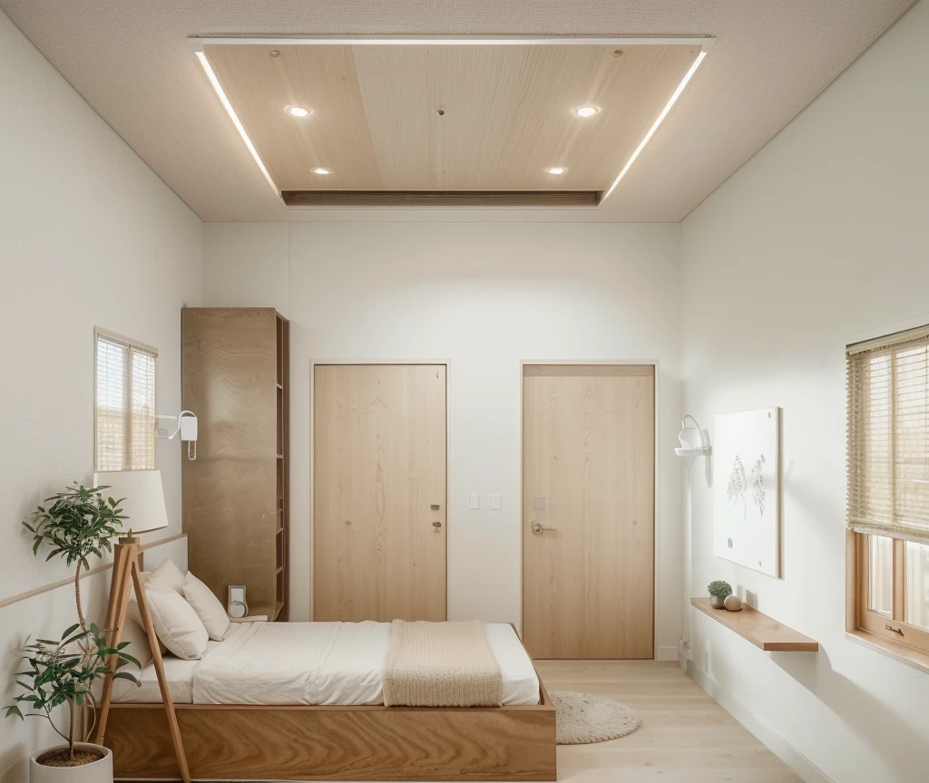 Minimalist Muji-style living room, neutral color palette, natural materials, soft lighting, low-profile white couch, wooden chair, natural wood coffee table, indoor plants, minimalist wall art, woven rug, natural light, tranquility, functionality, harmonious blend, window on the right, picture canvas frame on top of the bed, a flat ceiling and recessed downlights arranged in a sparse, straight line pattern
((8k)), high quality detail, soft lighting, minimalist design, neutral color palette, natural materials, clean lines, serene and inviting, modern Japanese aesthetic, flat ceiling, recessed downlights.
