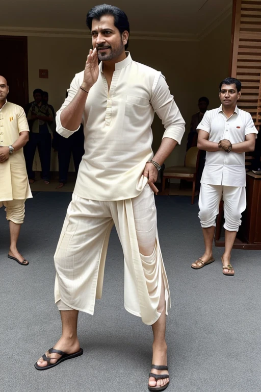 A man is standing wearing dhoti kurta and standing on with mike and in front of so may many people are sitting on chairs and clapping and laughing and in front some leaders are angry with the people, all these are Indians