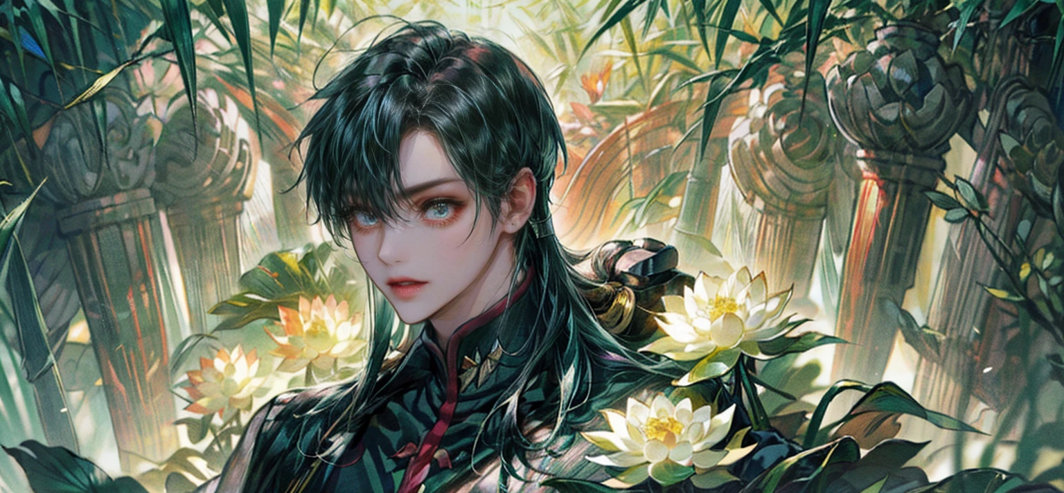 extraordinarily beautiful youth, a bright, innocent smile,All green clothing,(absurdres, highres, ultra detailed, HDR), masterpiece, best quality, (1 boy) , boy character ,((Thick black long hair)),beautiful face,detailed interior, detailed character,((man)),(lotus Flowers in bamboo forest), black hair,he smile,(white lotus), house of China in bamboo Forest , beautiful and cute man ,(long black hair),black eyes,((solo man)),(he has a Big eyes, charming lips, slim nose and small face),(slim figures and no muscle),thin boy,slim body, slim figures  ,very long hair,( black eyes)