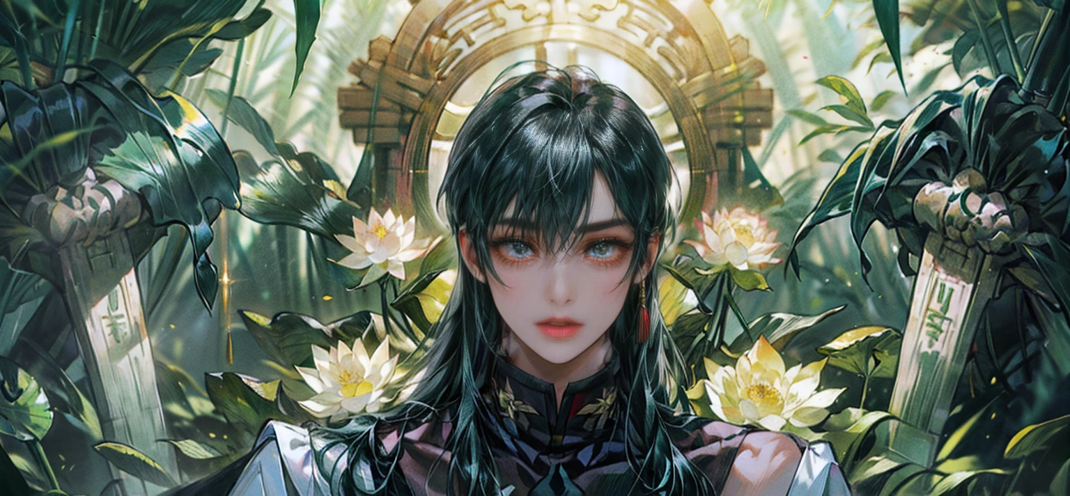 extraordinarily beautiful youth, a bright, innocent smile,All green clothing,(absurdres, highres, ultra detailed, HDR), masterpiece, best quality, (1 boy) , boy character ,((Thick black long hair)),beautiful face,detailed interior, detailed character,((man)),(lotus Flowers in bamboo forest), black hair,he smile,(white lotus), house of China in bamboo Forest , beautiful and cute man ,(long black hair),black eyes,((solo man)),(he has a Big eyes, charming lips, slim nose and small face),(slim figures and no muscle),thin boy,slim body, slim figures  ,very long hair,( black eyes)