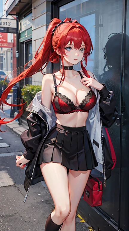 An anime girl with red hair and blue eyes wearing a skirt and an open shirt revealing a black and red lace bra