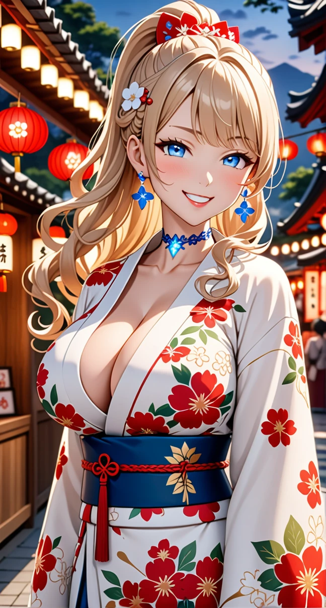 ultra-detailed, ((one girl)), hyper detailed, absurdres, 8K, Beautiful Face, (Laugh shyly), ((teasing smile:1.8)), ((Wink:2.0)), (Laugh with your mouth wide open),(Tilt your head:1.3),  View your viewers, ((Bright red cheeks:1.6)),Glossy Red Lips, ((Big Breasts:1.5)), (valley),night, Shrine festival stalls, (Brighten your face), ((Anime style background)),masterpiece, Highest quality, so beautiful,Latest, Complex details, (Pink long nails), (nail art), (ring),(bracelet), (Floral Choker),AI-generated, Complex,High resolution, Highest quality, super high quality,3D Images、3D Images,One person,Blonde long hair,(High Ponytail), (wavy hair:1.3), Anime woman posing for a photo, ((Fine grain、blue eyes、glowing eyes:1.4)), (Squint your eyes:1.1),a hyperRealistic , hyperRealistic , Realistic,Long blonde anime woman, Smooth anime CG art, Pink large floral patternの刺繍が入った、A girl in a gorgeous kimono, ((White long-sleeved kimono)),(Pink large floral pattern) ,Long flower hair ornament,Floral Earrings,Mature Body, tall,Abdominal muscles,Tight waist,((arched back:2.0)), (front view),