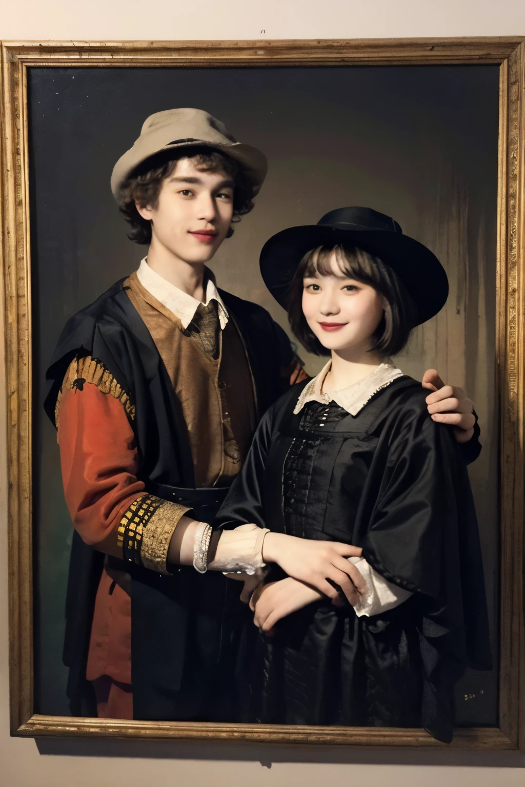 252 (An 18-year-old female and an 18-year-old male), (short hair),kind, lipstick, (Rembrandt-style painting), smile