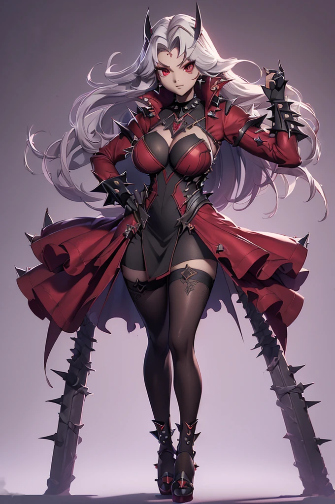 Shalltear Bloodfallen, the royal beauty, stands poised in the shadows of a medieval city's cobblestone streets, her silver hair styled in a ponytail, framing her luminous features. Her bright red eyes gleam like rubies amidst the dark canvas, as she dons an evening dress of black silk and lace, its gothic skirt fluttering in the faint breeze. A ribbon adorned with intricate lace wraps around her torso, securing a medium-short jacket that accentuates her curves. Long lace gloves cover her arms, leaving little to the imagination, while her generous D-cup breasts seem to defy gravity beneath the flowing fabric. The bloody moon casts a crimson glow over the scene, casting long shadows and bathing Shalltear in an otherworldly light.