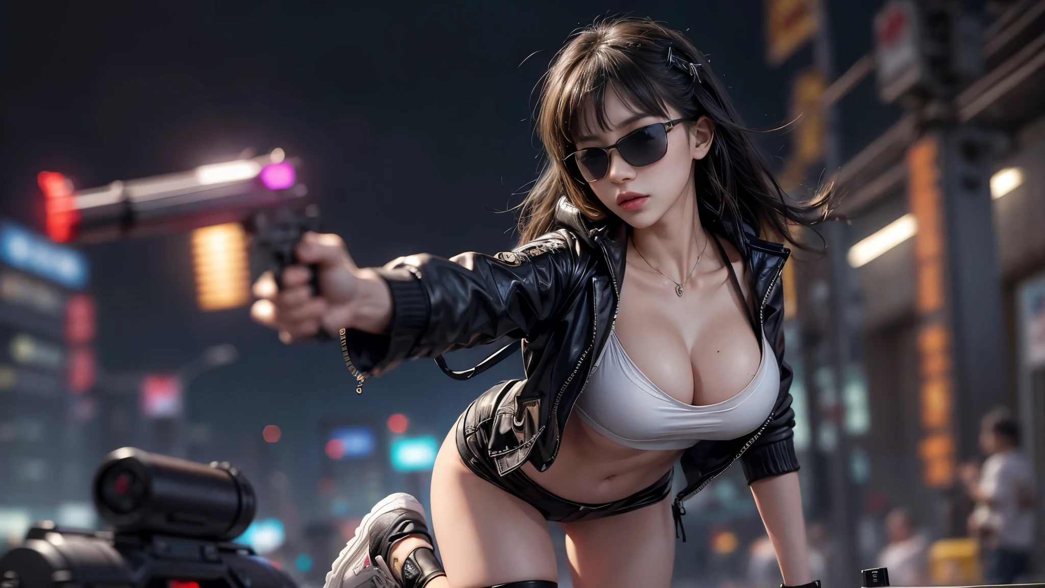 8k, Realistic Skin Texture, Realistic Photo, Neo Tokyo, slim women, large-breast:1.4 cleavage:1.3, AD2050 at night, Dirty hunting jacket, Wearing tube top, miniskirt, (((black sunglasses, automatic rifle, sneakers, cold, shooting pose, very low angle view))), Innovative composition, revenge, cyberpunk, blade runner worldview, Large neon sign, Geisha hologram sign, Strong Wakamoto Sign.