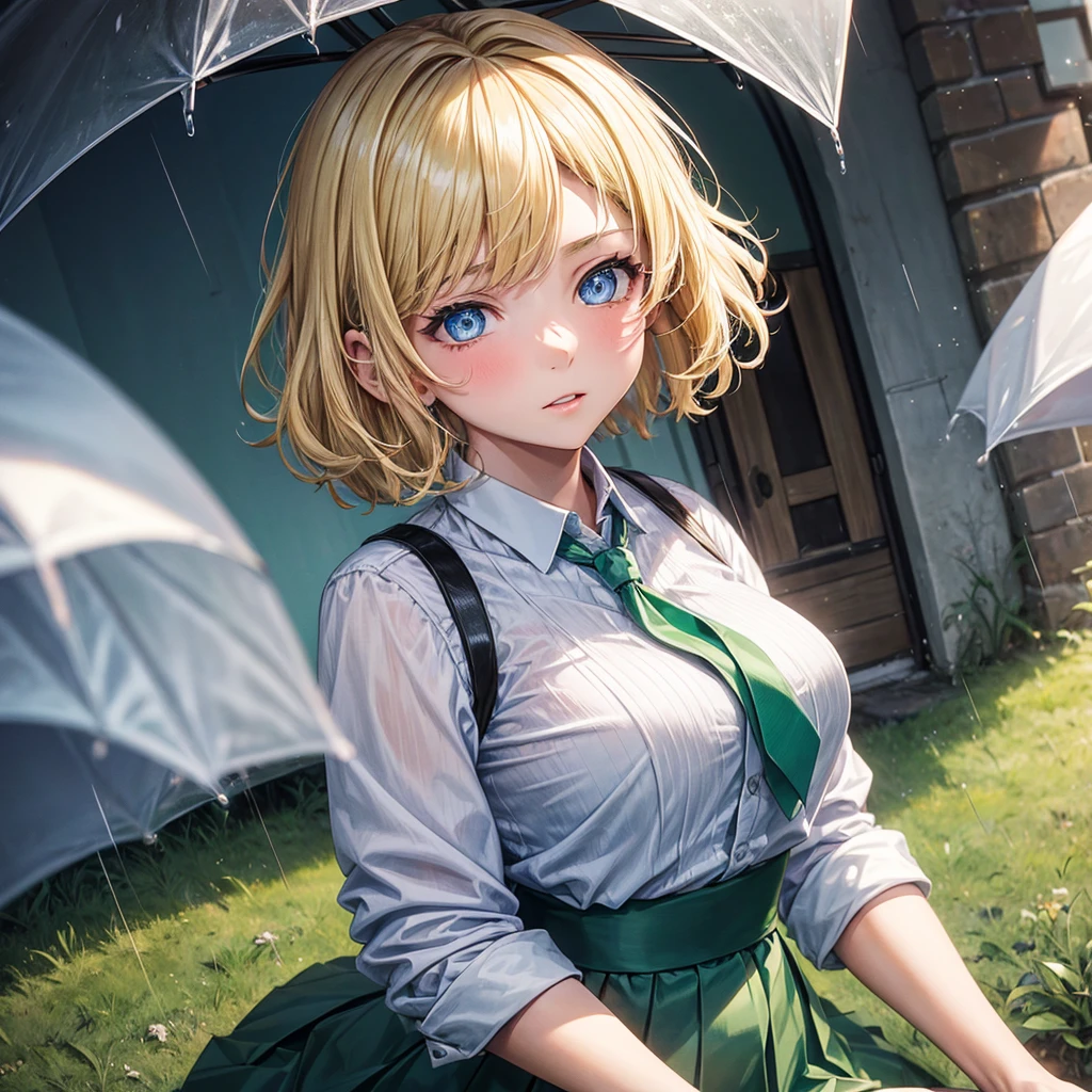 1girl, blond hair, short hair, blue eyes, white shirt, green tie, green skirt, city, rain, detailed background 