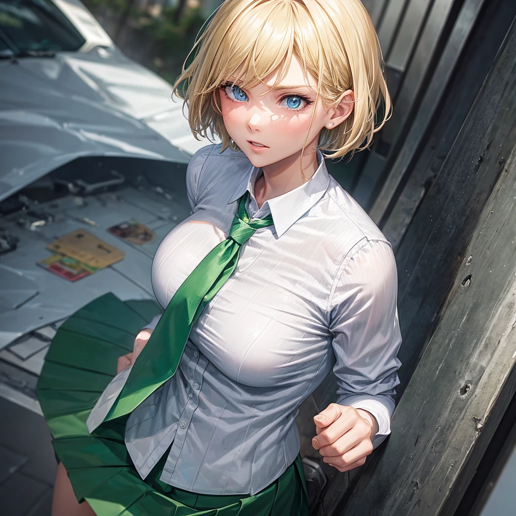 1girl, blond hair, short hair, blue eyes, white shirt, green tie, green skirt, city, rain, detailed background 