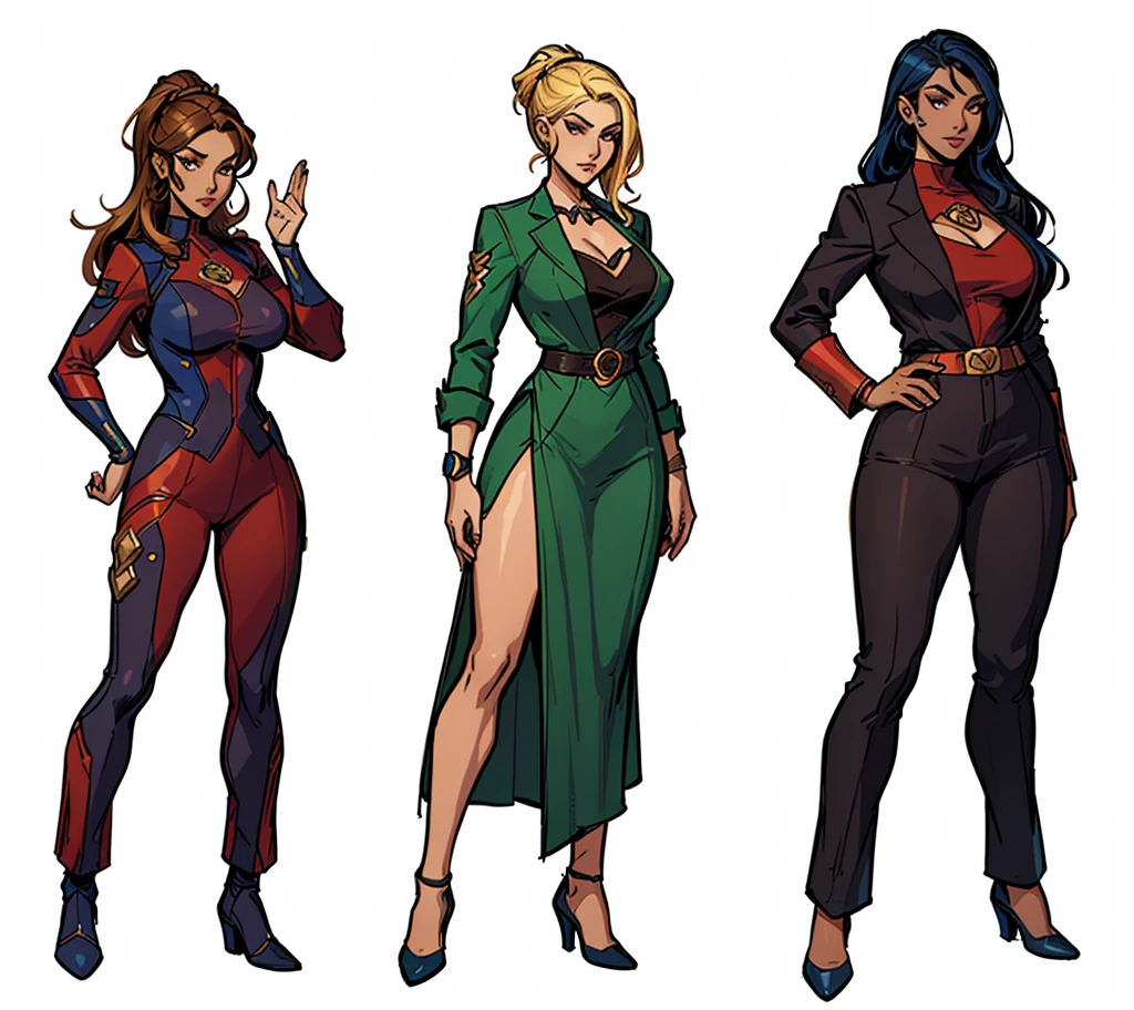 three cartoon women in different outfits standing next to each other, outfit designs, diverse outfits, character designs, several character designs, comic character design, d & d style full body portrait, human game protagonist designs, full character design, character concepts, full character concept art, full body character concept art, female superhero proportions, full body character design, female lead character