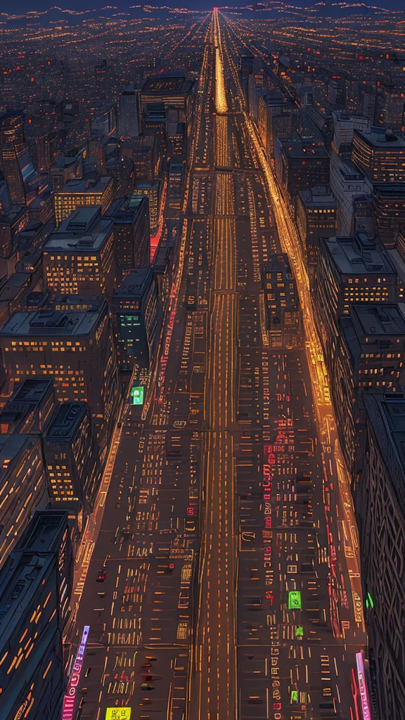 Straight road running through the center of the city, game concept, game map, pixel, pixel art, (straight road:1.2), paved road, vertical, night, bird's eye view, modern city, modern buildings, post-apocalypse, front projection