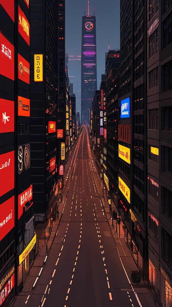 Straight road running through the center of the city, game concept, game map, pixel, pixel art, (straight road:1.2), paved road, vertical, night, bird's eye view, modern city, modern buildings, post-apocalypse, front projection