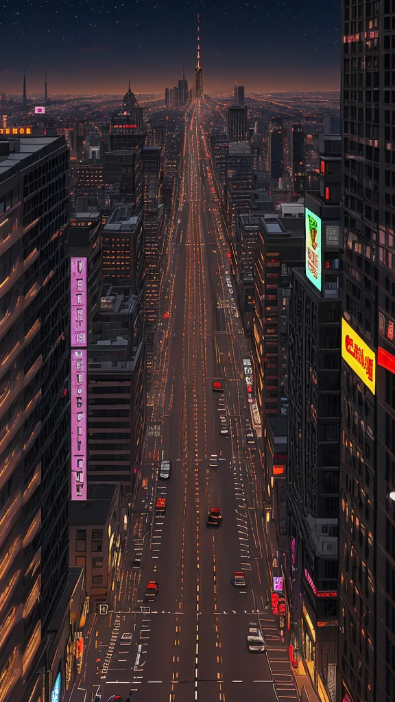 Straight road running through the center of the city, game concept, game map, pixel, pixel art, (straight road:1.2), paved road, vertical, night, bird's eye view, modern city, modern buildings, post-apocalypse, front projection
