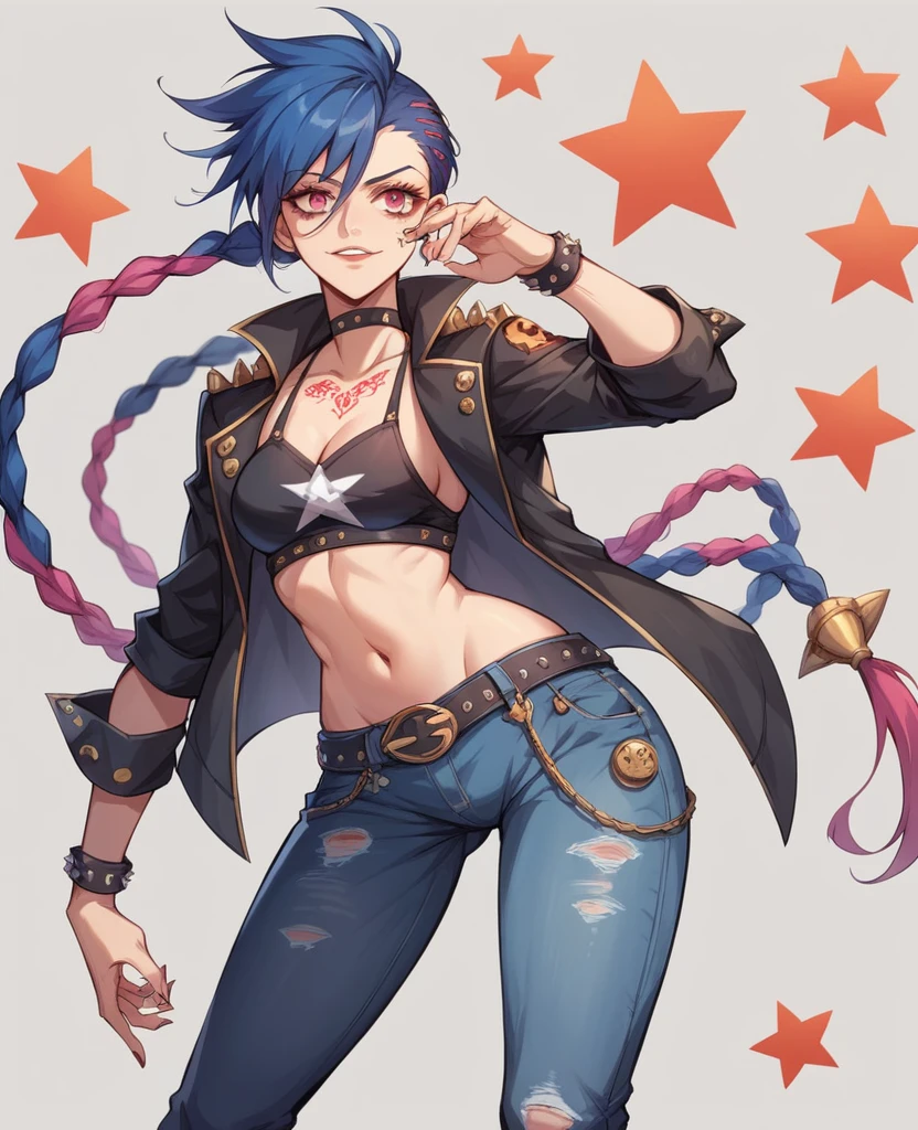 em uma praia com grande luar elementos sombrios style, modern jinx lol + Girl Sasuke sexy decote big tits red  gold  black gold lux dark seda short regata jeans Stars tattoo, expressive pose, urbanpunk, multi-layered perfect texture background, neo-expressiom