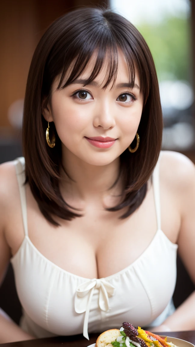 (masterpiece)、(Highest quality:1.5)、(Photorealistic:1.2)、(Surreal), (High resolution), (Realistic), (Post-processing),(Sharp focus), Sharp focus:1.2,Backlight, (Improvement of quality:1.4), (Narrow waist)、Big Ass、((Perfectly detailed five-fingered hands)),(Anatomically correct body)、((1 female:1.4))、Japanese、Realistic Skin、(Small chest:1.4)、Bust size is A cup、Pretty woman with perfect figure:1.4,(from the front:1.5), (Enhances the beauty of skin texture:1.1),No makeup、美しいBlack Hair、The best smile、Natural color lip、(Small Mouth:1.4)、The mouth is not open、Thick lips、(Oval Face)、Even bangs、Hide eyebrows with bangs、((33-year-old woman))、Bob Hair、Hair blowing in the wind, (Black Hair, Iris, Watery eyes, Shining Eyes, Bob Cut Hair, Small earrings,), Hair behind the ear、No makeup、(Drooping eyes)、(((One lovely woman)),((A big friendly smile)),(( Small breasts,Small breastsの谷間)),((((Plump Cheeks)))),((whole body:1.5)),very cute,(Baby Face),高級restaurantで、full-course dinner、Wine Party、Bright image、The beauty of wine, Beautiful Face, red wine 、Appetizers、Italian food、Wine bottle、Champagne、sparkling wine、(slimな顔), (The body is slim),restaurant, White wine, slim, wine glass, 中央に置かれたwine glass, Beautiful fine grain, Depth f/2,saturation, High Contrast, Strong light and shadow,Moist Body:1.5、3D texture、Delicate eyes、((In front of the food on the table:1.5))、White collar shirt and tie、erious expression