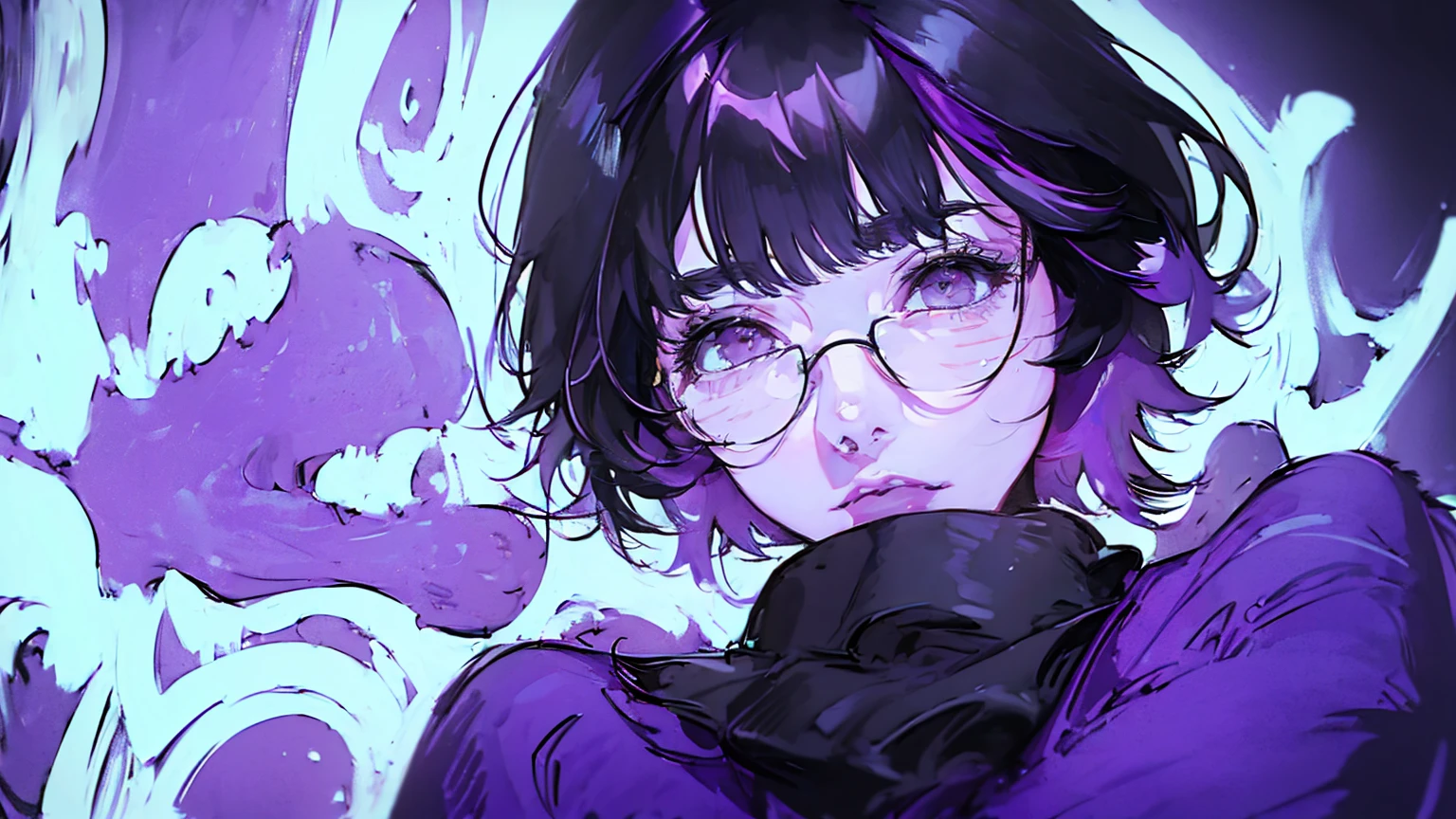 (best quality, sketch:1.2),realistic,illustrator,anime,1 girl, detailed lips,sweater,custom, ( background dark),neon hair,textured cropping,Canadian, masterpiece, style retro classic, noir dark, art, sketch book, (bob hair purple:1.35, black:1.55), bad women 