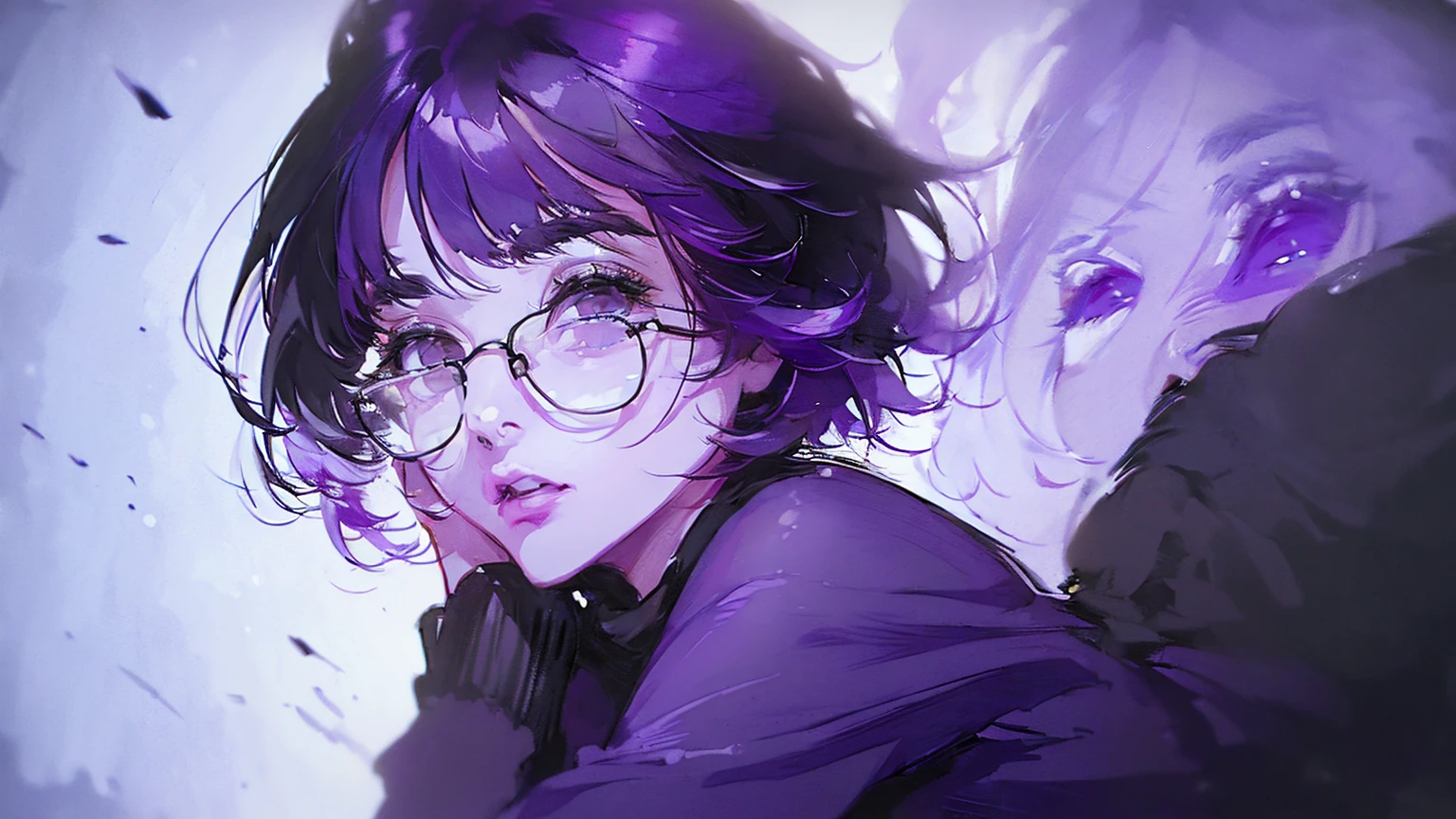 (best quality, sketch:1.2),realistic,illustrator,anime,1 girl, detailed lips,sweater,custom, ( background dark),neon hair,textured cropping,Canadian, masterpiece, style retro classic, noir dark, art, sketch book, (bob hair purple:1.35, black:1.55), bad women 