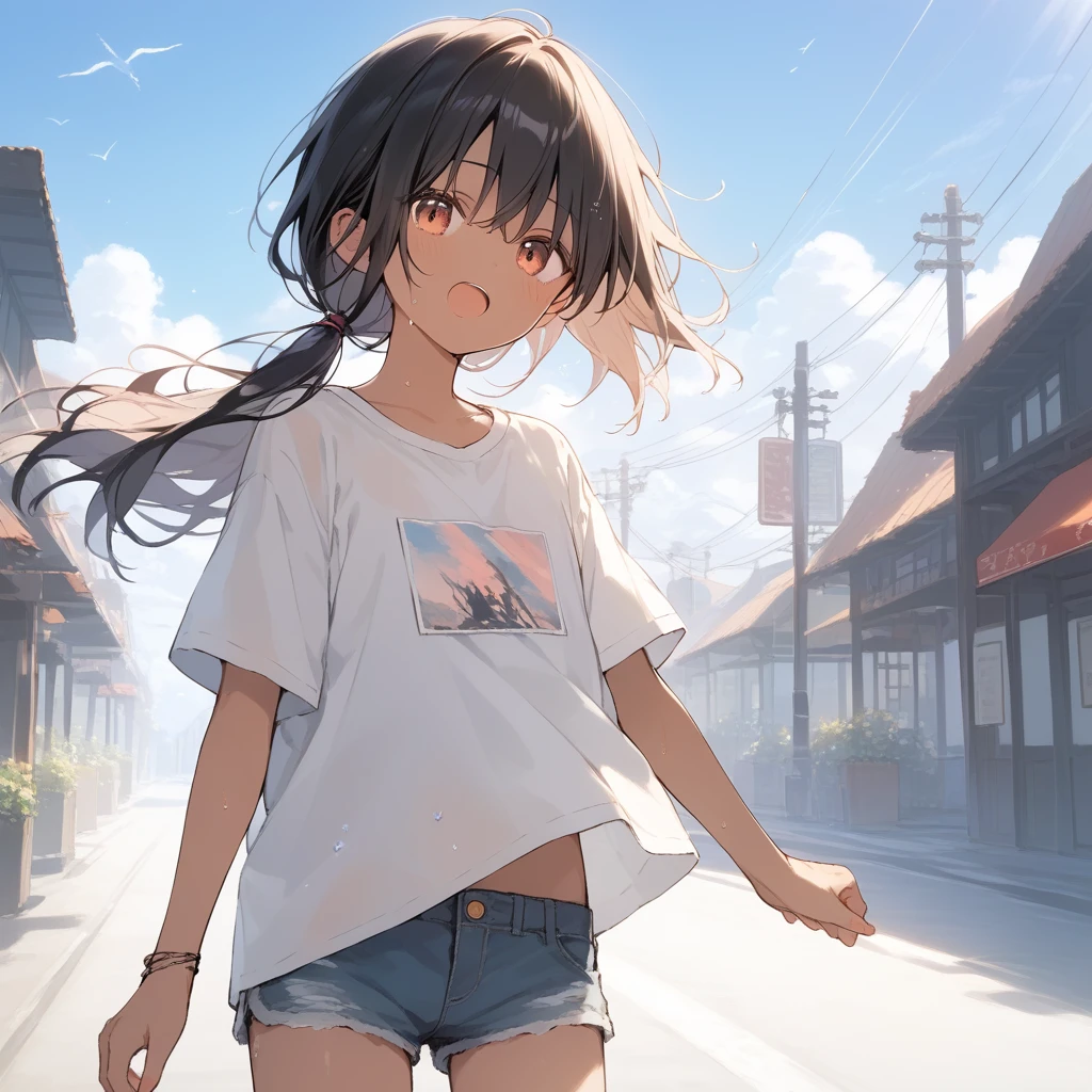 score_9, score_8_up, score_7_up, source_anime, best quality, masterpiece, official art, absurdres, highres, ultra-detailed,waifu2x,Collection: Slice of Life,break,1girl, tomboy, dark-skinned female, short hair, low ponytail, flat chest, beautiful detailed eyes, short shorts, sweat, open mouth, (yawn:0.3), sleepily, outdoors, wind,break,(clear line illustration:1.2), super detailed skin,very high resolution, very aesthetic, Best sexual lighting powered by famous artist, 8k,cute picture,beauty illustration,photoshop_(medium),,(Detailed Lighting),best anime 8k konachan wallpaper, pixiv contest winner,