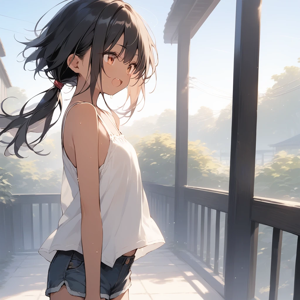 score_9, score_8_up, score_7_up, source_anime, best quality, masterpiece, official art, absurdres, highres, ultra-detailed,waifu2x,Collection: Slice of Life,break,1girl, tomboy, dark-skinned female, short hair, low ponytail, flat chest, beautiful detailed eyes, short shorts, sweat, open mouth, (yawn:0.3), sleepily, outdoors, wind,break,(clear line illustration:1.2), super detailed skin,very high resolution, very aesthetic, Best sexual lighting powered by famous artist, 8k,cute picture,beauty illustration,photoshop_(medium),,(Detailed Lighting),best anime 8k konachan wallpaper, pixiv contest winner,