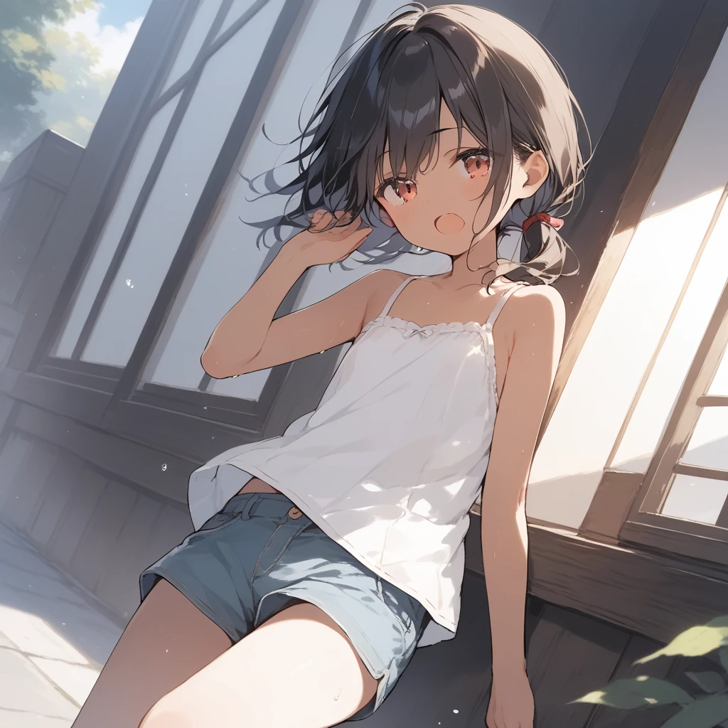 score_9, score_8_up, score_7_up, source_anime, best quality, masterpiece, official art, absurdres, highres, ultra-detailed,waifu2x,Collection: Slice of Life,break,1girl, tomboy, dark-skinned female, short hair, low ponytail, flat chest, beautiful detailed eyes, short shorts, sweat, open mouth, (yawn:0.3), sleepily, outdoors, wind,break,(clear line illustration:1.2), super detailed skin,very high resolution, very aesthetic, Best sexual lighting powered by famous artist, 8k,cute picture,beauty illustration,photoshop_(medium),,(Detailed Lighting),best anime 8k konachan wallpaper, pixiv contest winner, 