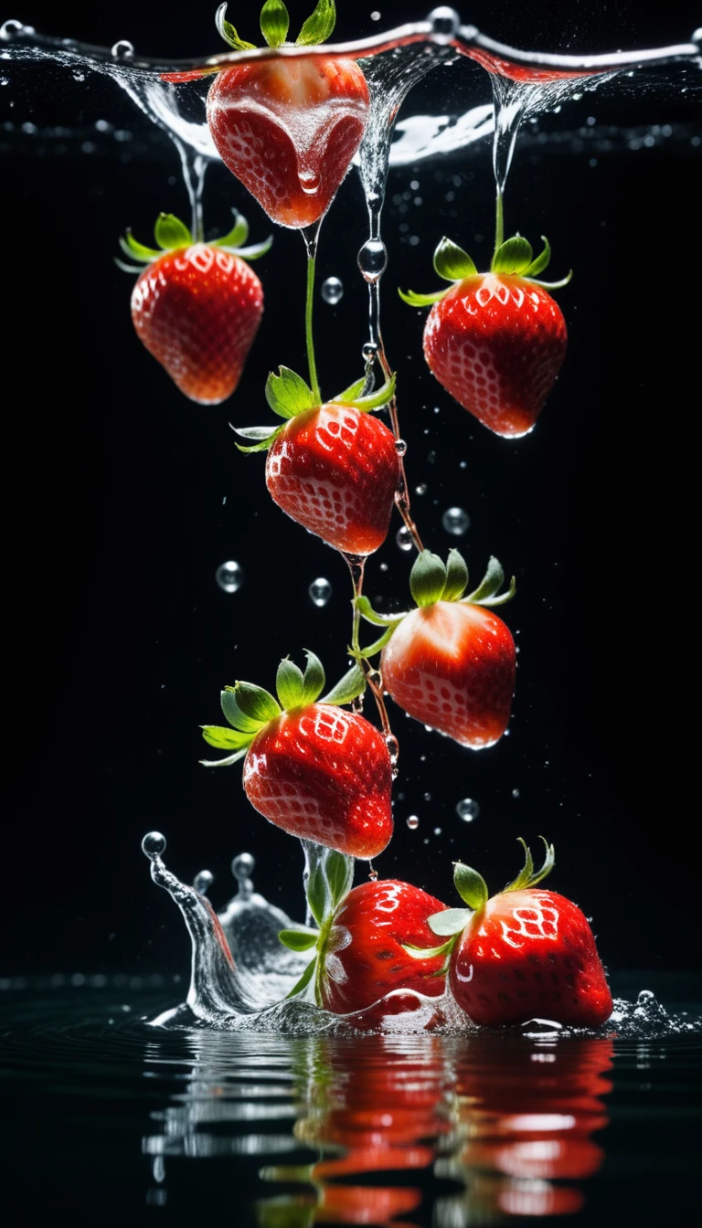 cinematic RAW photo,foto ultra real,Ultra foto realsisim,Digital SLR,soft lighting,Product photo of 5 strawberries falling into the water、Drippy、Splash clear liquid、water bloom,dynamic compositionaster part) (best quality) (circunstanciado) (Cinematic lighting) (foco nítido) (intrincado), master part, best quality, ultrahigh-resolution, 8K UHD