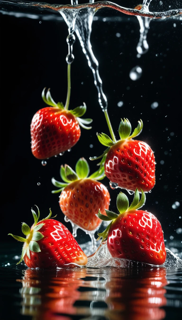 cinematic RAW photo,foto ultra real,Ultra foto realsisim,Digital SLR,soft lighting,Product photo of 5 strawberries falling into the water、Drippy、Splash clear liquid、water bloom,dynamic compositionaster part) (best quality) (circunstanciado) (Cinematic lighting) (foco nítido) (intrincado), master part, best quality, ultrahigh-resolution, 8K UHD