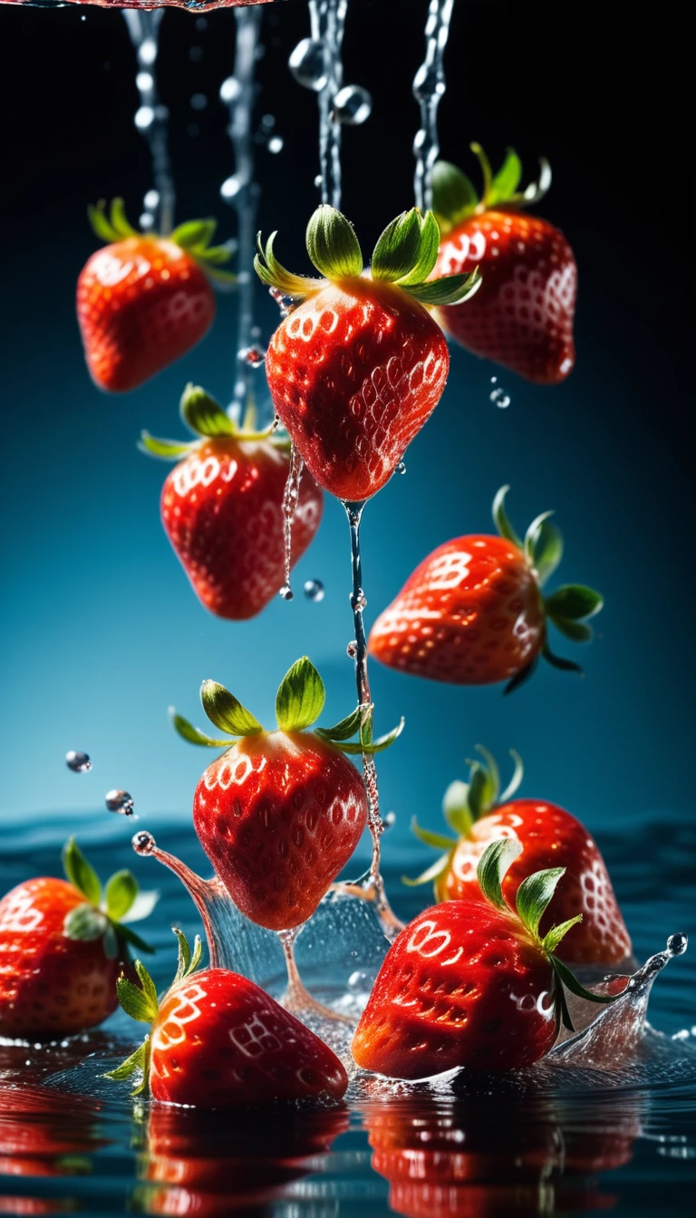 cinematic RAW photo,foto ultra real,Ultra foto realsisim,Digital SLR,soft lighting,Product photo of 5 strawberries falling into the water、Drippy、Splash clear liquid、water bloom,dynamic compositionaster part) (best quality) (circunstanciado) (Cinematic lighting) (foco nítido) (intrincado), master part, best quality, ultrahigh-resolution, 8K UHD