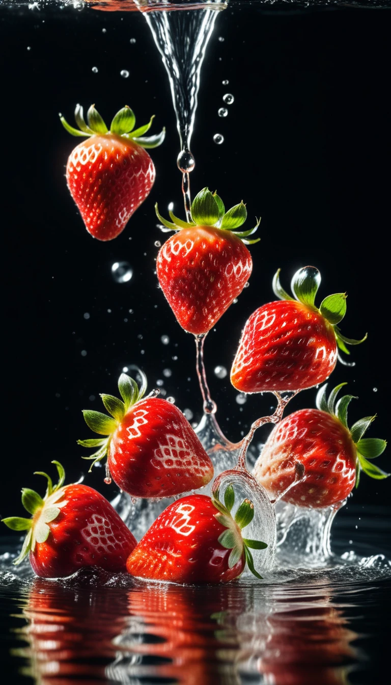 cinematic RAW photo,foto ultra real,Ultra foto realsisim,Digital SLR,soft lighting,Product photo of 5 strawberries falling into the water、Drippy、Splash clear liquid、water bloom,dynamic compositionaster part) (best quality) (circunstanciado) (Cinematic lighting) (foco nítido) (intrincado), master part, best quality, ultrahigh-resolution, 8K UHD