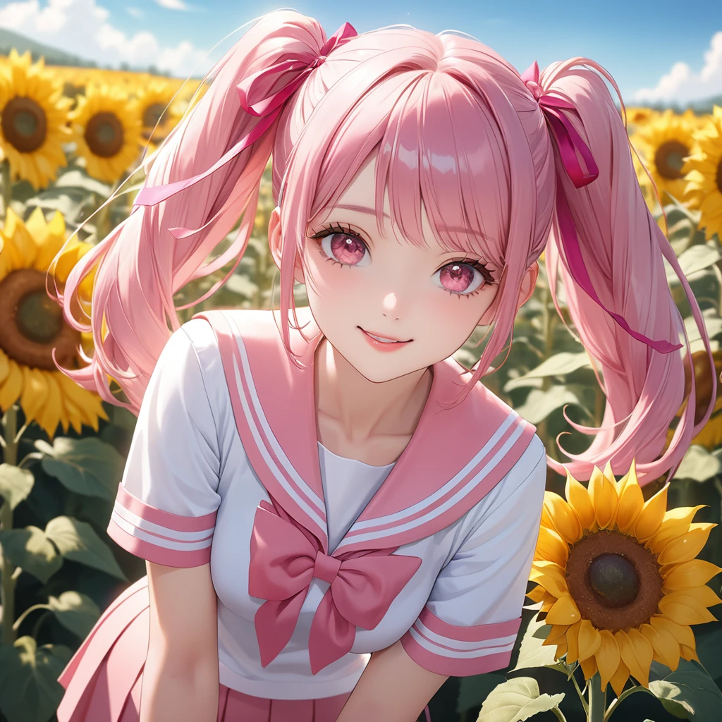 (8K, masutepiece, Best Quality, Official art, beautiful detailed, beautiful lighting, best masterpiece in history that exceeds limits), (1 Girl, Solo), (sixteen years old), (beautiful detailed face), (shiny white skin), (Beautiful big bust:1.3), (thighs, navel), (beautiful detailed pink twin tails hair, Bangs:1.3), (beautiful detailed drooping pink eyes:1.5), (high school uniform:1.3), (patsel pink sailor collar, white short sleeves short length outing shirt, pastel pink pleated skirt, patsel pink ribbon:1.3), (happy smile:1.2), (Attractive, Look at the camera, cute pose), breathtaking scenery, (ultra detailed realistic Beautiful field of sunflowers, blue sky, summer, soft breeze:1.2),