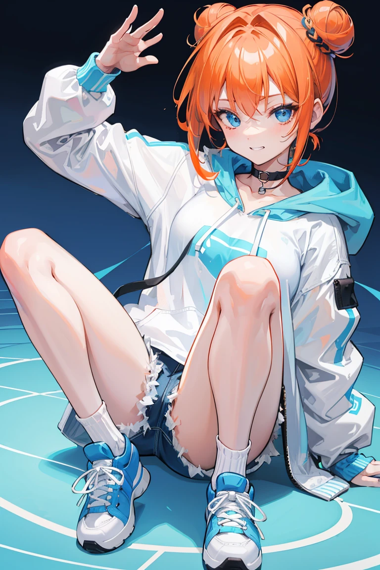 1girl, solo, orange hair, twin buns, blue eyes, eyeliner, light grin, medium breasts, white hoodie with light blue hood, black choker, denim shorts, light blue sneakers, frow below