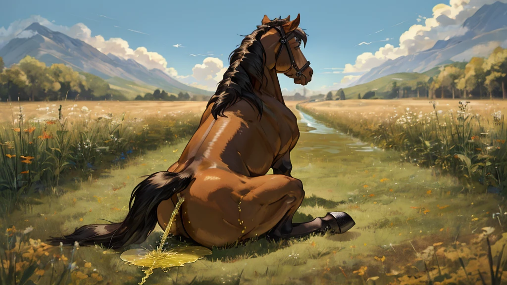 BBW African woman riding a stallion shire horse in a grass field grass meadow, big butt, (urine:2.1) flooding ground. horse bum emitting yellow steam jet. overhead midday sun. highlighting horse from view point. piles of horse (dung:2.1} and manure on ground around horse. 3/4 side view looking down on horse. viewed from 2000 metres away. 