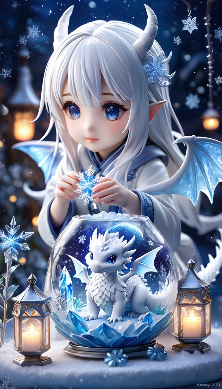 absurdres, highres, ultra detailed, HDR, master piece, best quality, smol white dragon, cute, solo, magic, ice flowers, snowflakes, ice, magical, fantasy, glass, ice moon, starry sky, ice style