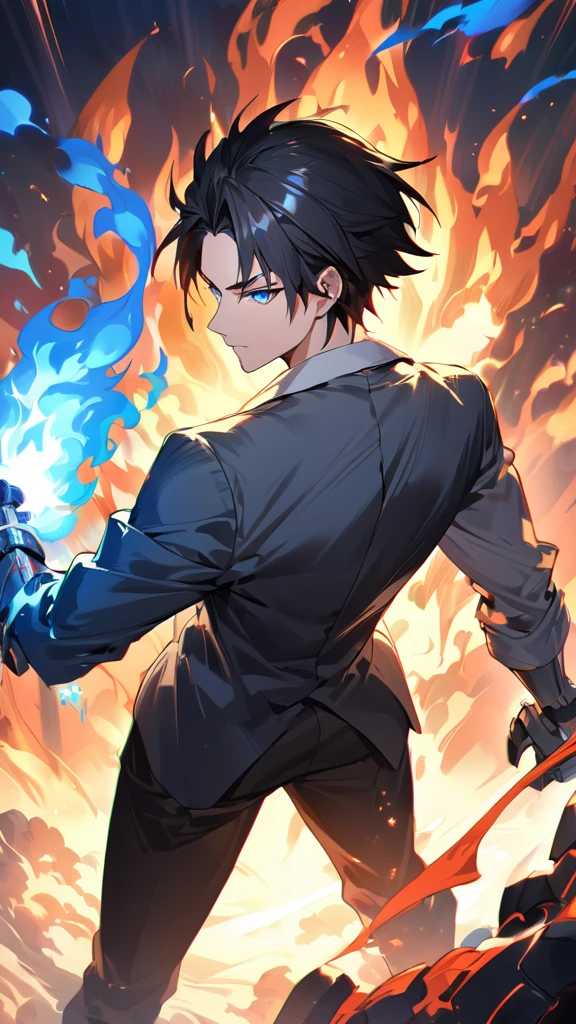 anime style man with (black hair) and blue eyes unleashing cool (fire) magic from his one hand, the other arm is metal, robot arm, hard fire, fire particles, blue and white tinted black clothing, surrounded by vibrant fire particles, emitting a cold, blue-white hue, ultra detailed, digital painting, with dramatic lighting, vivid colors, anime style from Mushoku Tensei: Jobless Reincarnation, from behind, facing viewer, looking back, from above
