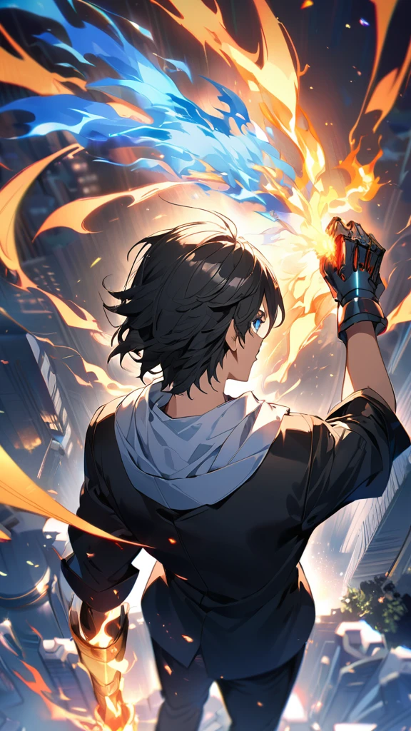 anime style man with (black hair) and blue eyes unleashing cool (fire) magic from his one hand, the other arm is metal, robot arm, hard fire, fire particles, blue and white tinted black clothing, surrounded by vibrant fire particles, emitting a cold, blue-white hue, ultra detailed, digital painting, with dramatic lighting, vivid colors, anime style from Mushoku Tensei: Jobless Reincarnation, from behind, facing viewer, looking back, from above
