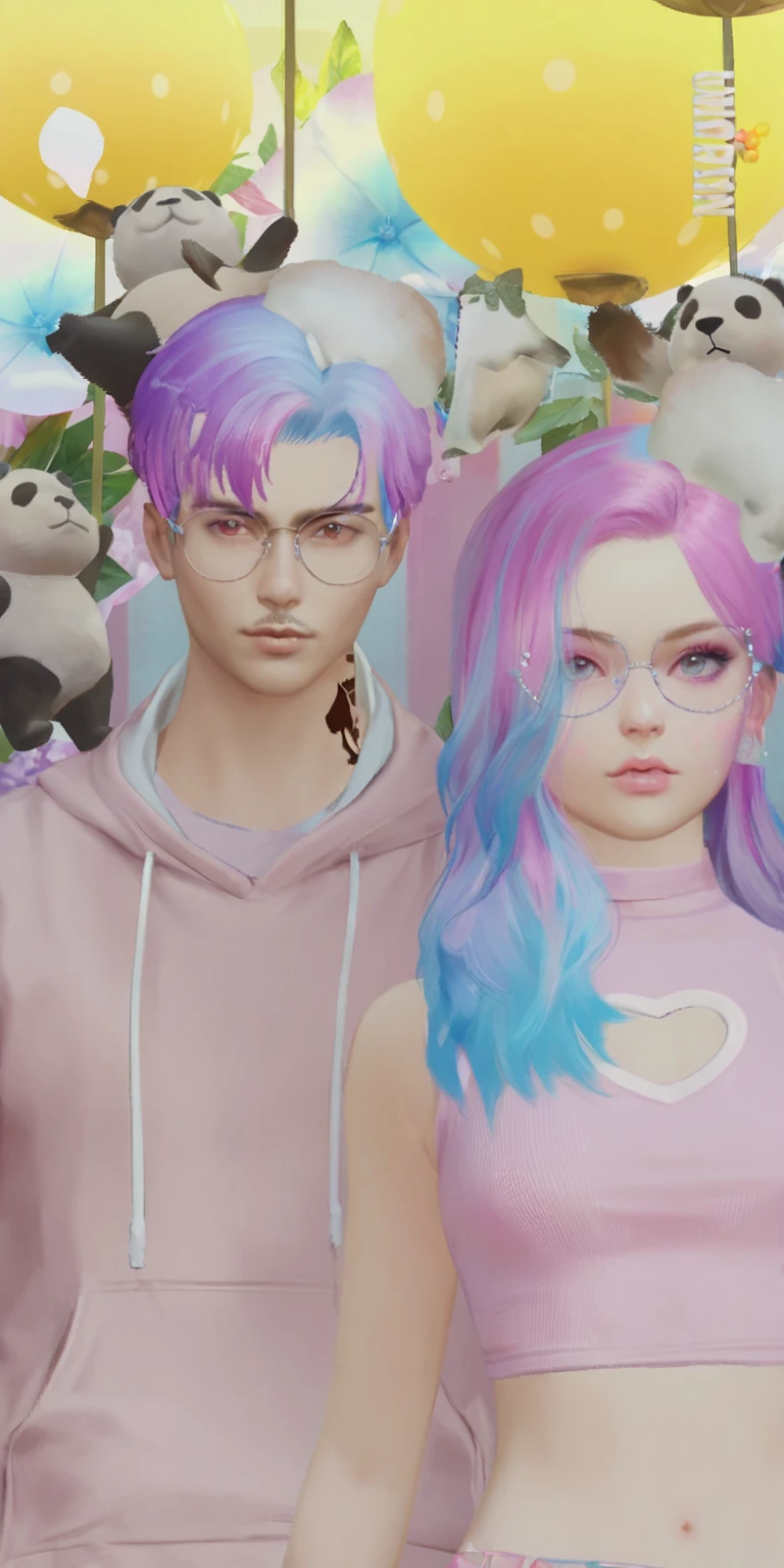 there are two people with colorful hair and panda bears behind them, inspired by Sim Sa-jeong, realism artstyle, kawaii realistic portrait, realistic artstyle, aesthetic!!!!!!!!!!, kda and sam yang, pastel goth aesthetic, the sims 4 texture, artwork in the style of guweiz, aesthetic!!!!, hyperrealistic aesthetic, very aesthetic!!!!!!