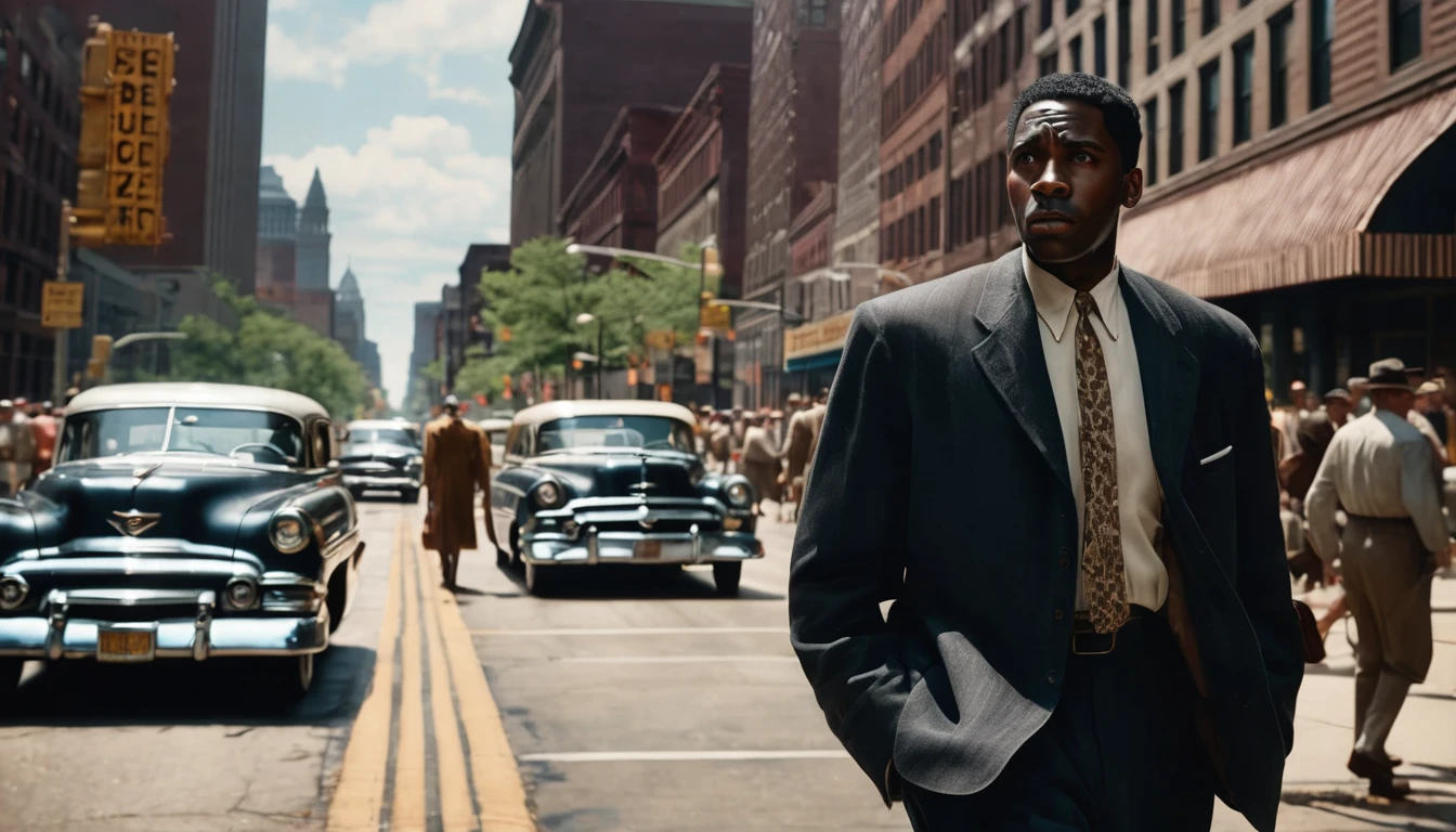 A black man, determined expression, arriving in Cleveland in summer 1953, bustling streets and people, ready to start new chapter, photo-realistic, masterpiece, 8k, ultra-detailed, sharp focus, hyperrealistic, moody dramatic lighting, warm summer tones, cinematic composition, dynamic pose, impactful narrative