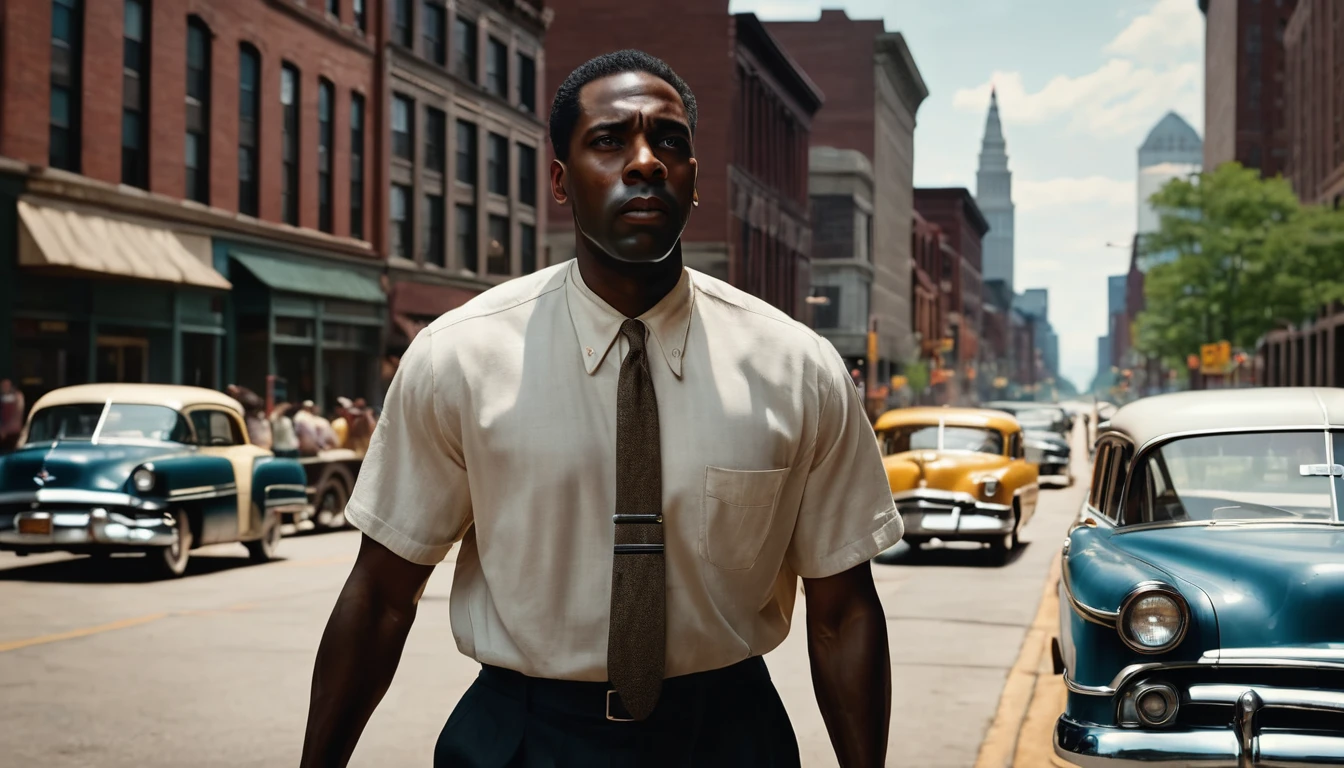 A black man, determined expression, arriving in Cleveland in summer 1953, bustling streets and people, ready to start new chapter, photo-realistic, masterpiece, 8k, ultra-detailed, sharp focus, hyperrealistic, moody dramatic lighting, warm summer tones, cinematic composition, dynamic pose, impactful narrative