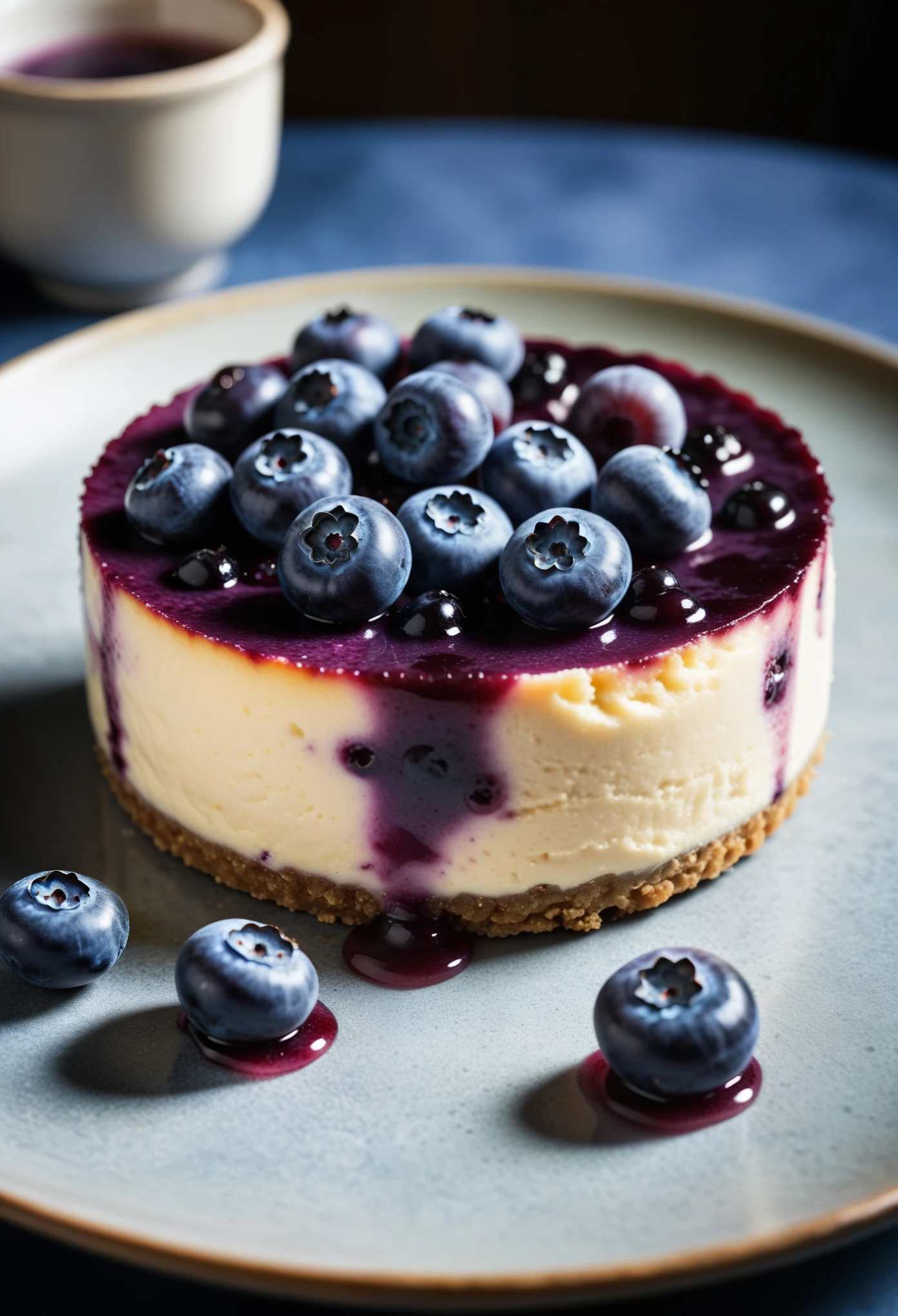 Documentary RAW Photography,a Blueberry Cheesecake, highlighting its exquisite, lacy texture and impeccable balance. The composition should evoke an irresistible urge to taste, with every detail crafted to inspire both amateur and seasoned cooks, (sharpness in detail:1.1), masterpiece, 35mm photograph, (iconic photograph:1.4), (visual storytelling:1.2), film grain, award winning photography,vibrant use of light and shadow, high quality textures of materials, volumetric textures  perfect composition, dynamic play of light, rich colors, epic shot, perfectly quality, natural textures,high detail, photoshadow, (natural colors, correct white balance, color correction, dehaze),(intricate detailed), 8k