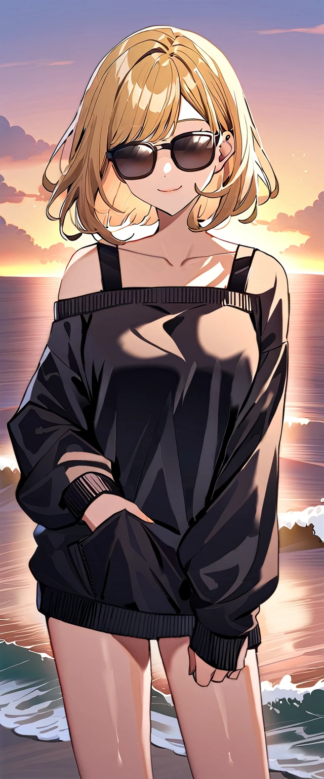 ((sea, beach)), bare legs, (()), (((sunglasses, hand to sunglasses))), (((cowboy shot))), ((wavy hair, inward curled hair)), evening, ((Sunset)), ((blond hair, bob cut:1.3)), breasts, ager, (looking at viewer), oversized clothes, puffy long sleeves, ((off-shoulder sweater:1.3, Quite thick shoulder straps)), ((black sweater)), collarbone, head tilt:1.3, (((blue eyes))), ((happy smile)), (((anime style))), (best quality, 4K, 8K, highres, masterpiece:1.2, ultra-detailed, ultra-detailed eyes, HDR, uhd, studio lighting, ultra-fine painting, sharp focus, physically-based rendering, extreme detail description, professional, vivid colors, bokeh)