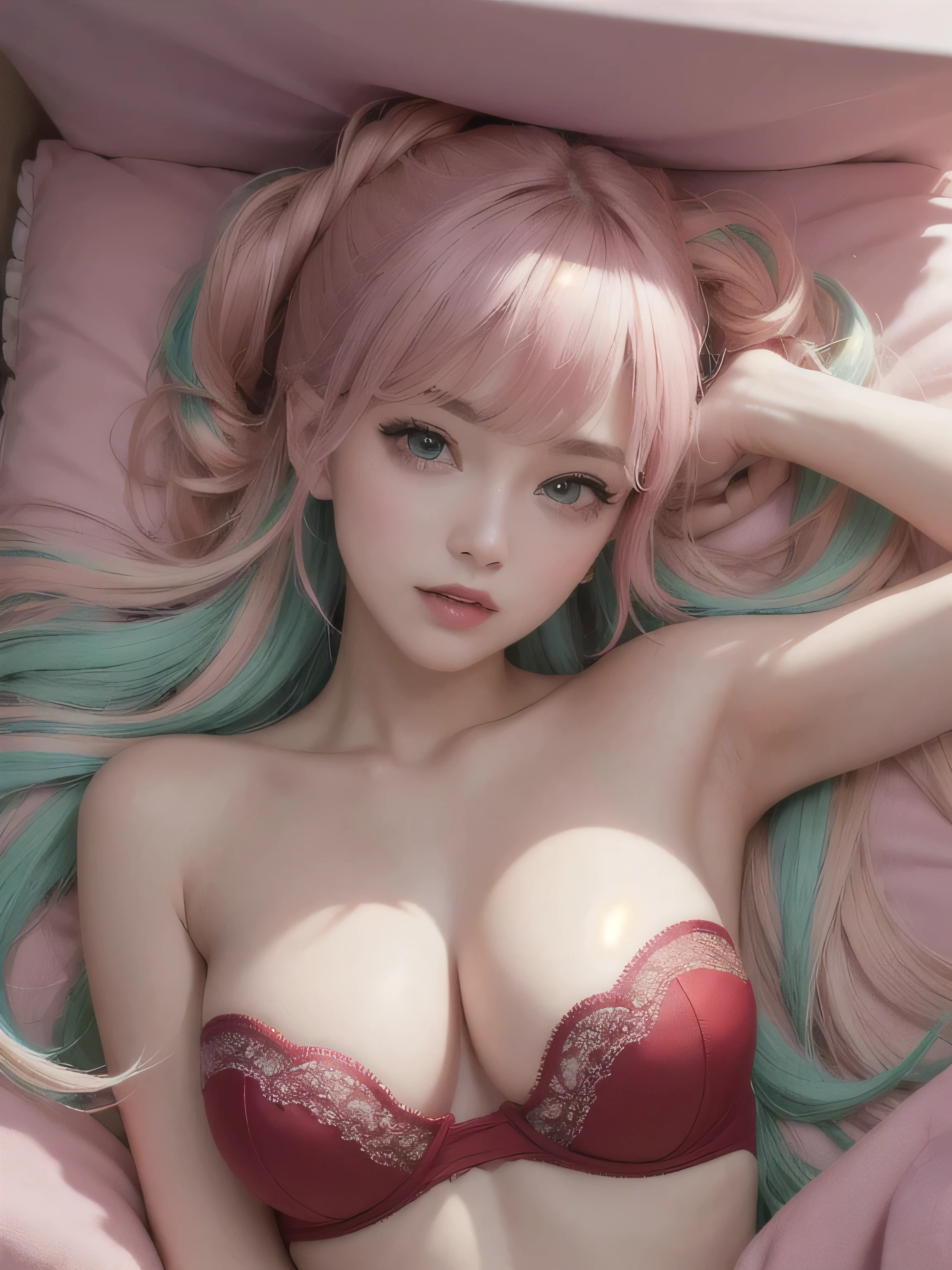 (masterpiece、Highest quality:1.4)、 (8K resolution、Ultra-high resolution:1.2)、(Detailed depiction face、Eye for detailed depiction、Detailed skin、Detailed Hair、Glowing Skin,Pale skin:,Beautiful Bangs、Highly Detailed Hair、One Girl,Detail and beauty that cannot be captured in reality,Elegant and perfect figure:1.2)、18-year-old、Lip gloss、(Add highlights to the eyes、Green Eyes,Powerful camera gaze:1.2),( Movement in the bangs.Two-knot hair,Pastel pink hair:1.3) (Cute Smile,Cute face), (Detailed silk sheets,Detailed canopy bed,Detailed king size bed,Detailed pillow,Two large pillows,Pink room,:1.2),(Random edgy poses:1.5),(Average chest:1.1),(Red strapless bra:1.5),(Blur the background),Sony FE GM,Sparkle Effect,Super bright natural light,Shot from above
