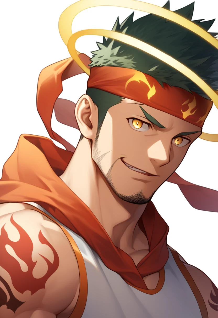anime characters:Gyee, priapus, ung muscular man, male focus, Flame tattoo, sports Red headband, Creamy white spandex tight tank top, muscular male, muscular, only, Upper body, alone, Black short hair, Thick eyebrows, stubble, Yellow eyes, White background, simple background, amazing quality, best aesthetics, Ridiculous, bright pupils, crew cut, naughty face, torogao, parted lips, halo, god rays, best quality