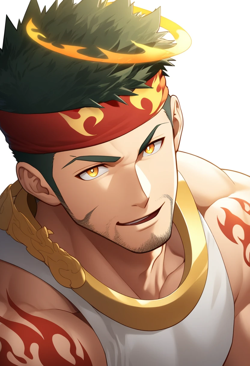 anime characters：Gyee, priapus, 1 young muscular man, male focus, Flame tattoo, sports Red headband, Creamy white spandex tight tank top, muscular male, muscular, only, Upper body, alone, Black short hair, Thick eyebrows, stubble, Yellow eyes, White background, simple background, amazing quality, best aesthetics, Ridiculous, bright pupils, crew cut, naughty face, torogao, parted lips, halo, god rays, best quality