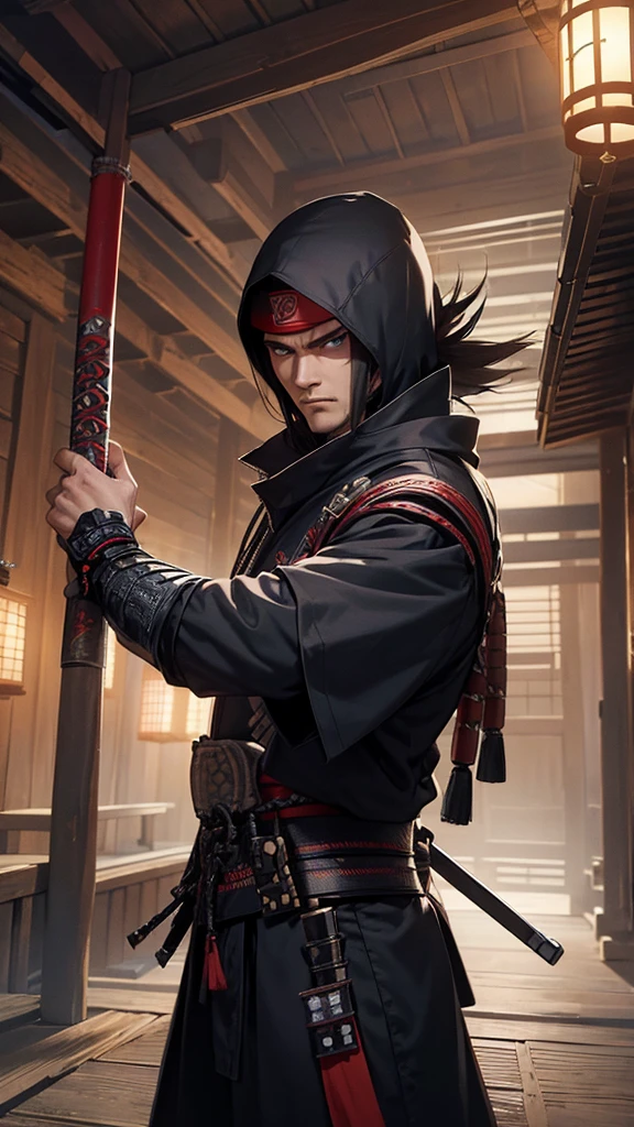 Create a cinematic hyper-realistic 3D image of a cool ninja with all his weapons facing a legendary samurai warrior with all his weapons in a period Japanese temple environment with a combat attitude, apply HDMI technologies,300 dpi and full definition the image must be perfectly detailed