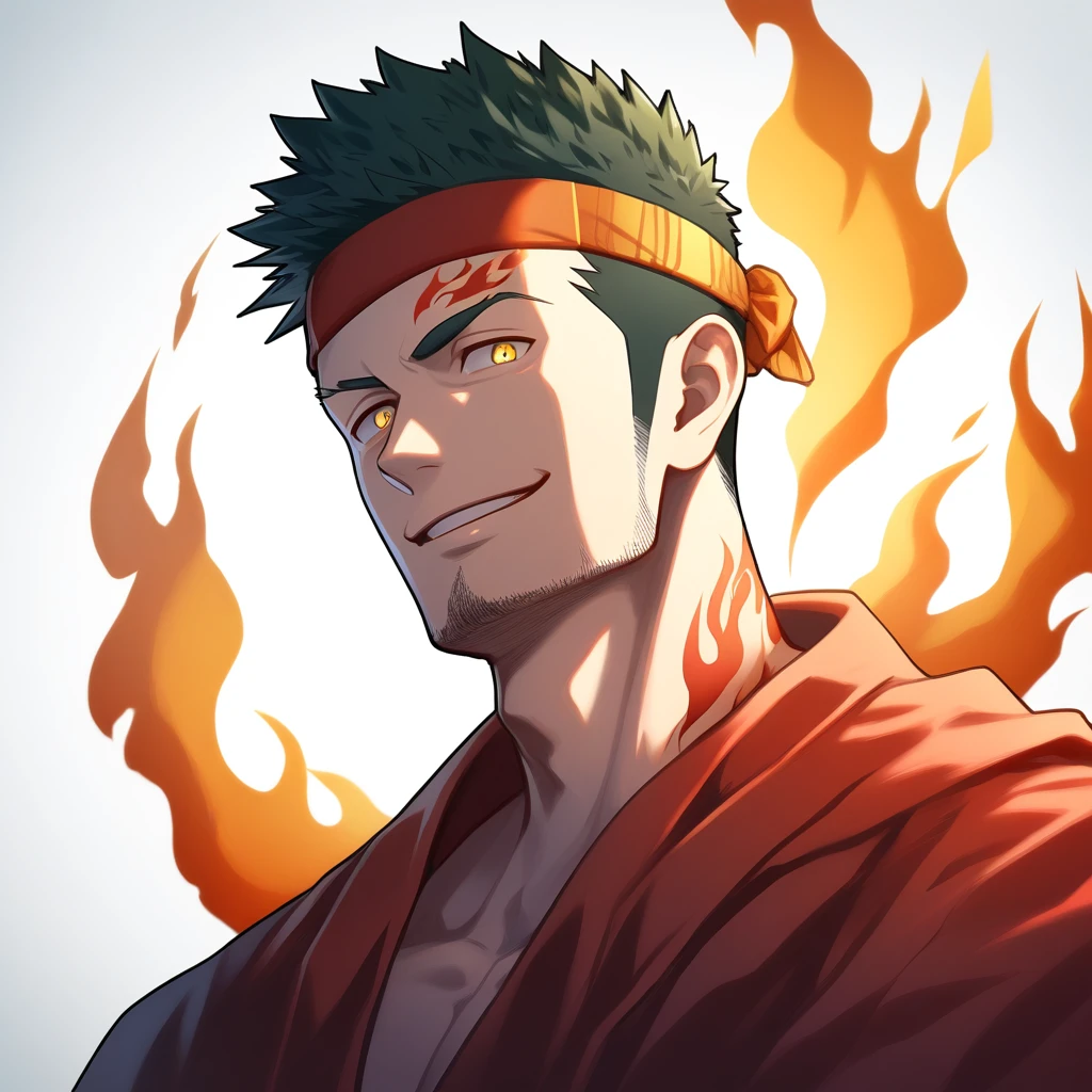 anime characters：Gyee, priapus, 1 muscular man god, Flame tattoo, sports Red headband, Priestly robes, muscular male, muscular, only, Upper body, alone, Black short hair, Thick eyebrows, stubble, Yellow eyes, White background, simple background, amazing quality, best aesthetics, Ridiculous, bright pupils, crew cut, naughty face, torogao, parted lips, god rays, chiaroscuro, drop shadow, best quality