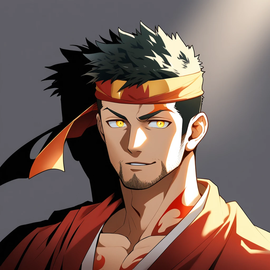 anime characters:Gyee, priapus, 1 muscular man god, Flame tattoo, sports Red headband, Priestly robes, muscular male, muscular, only, Upper body, alone, Black short hair, Thick eyebrows, stubble, Yellow eyes, White background, simple background, amazing quality, best aesthetics, Ridiculous, bright pupils, crew cut, naughty face, torogao, parted lips, god rays, chiaroscuro, drop shadow, best quality