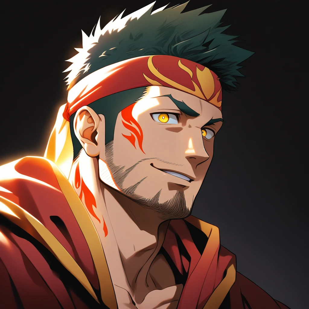 anime characters:Gyee, priapus, 1 muscular man god, Flame tattoo, sports Red headband, Priestly robes, muscular male, muscular, only, Upper body, alone, Black short hair, Thick eyebrows, stubble, Yellow eyes, White background, simple background, amazing quality, best aesthetics, Ridiculous, bright pupils, crew cut, naughty face, torogao, parted lips, god rays, chiaroscuro, drop shadow, best quality