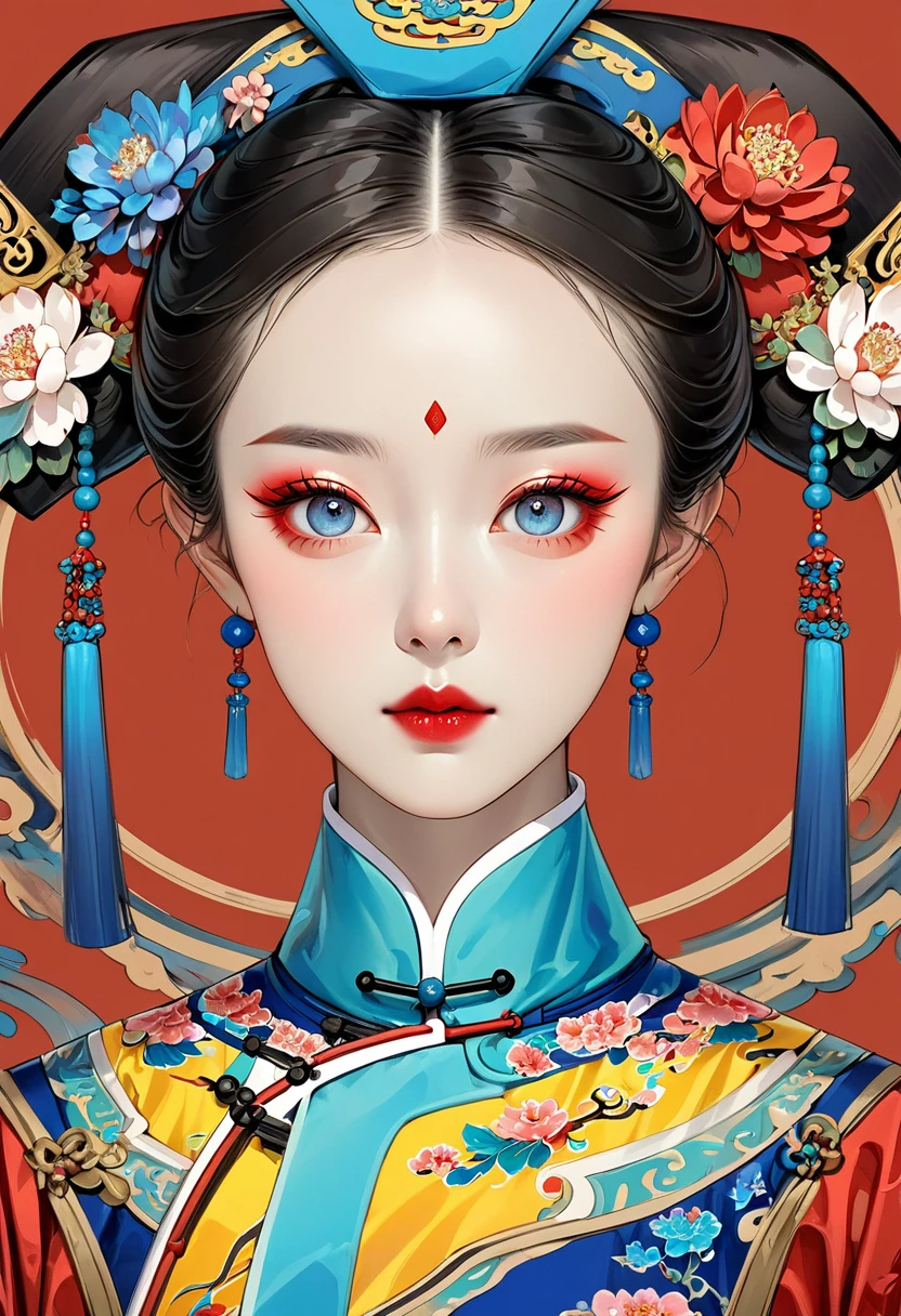 Makeup for Qing Dynasty Palace Drama,Thick coating of the board,Colored pencils,Procreate board drawing beautiful digital art,Clean lines,Beautiful Imperial Concubine of the Qing Dynasty,Bright Eyes,Exquisite facial features,(((Qing Dynasty flag head,Flowers))),symmetry,Qing Dynasty Clothing,Bright colors,High Saturation,Solid red background