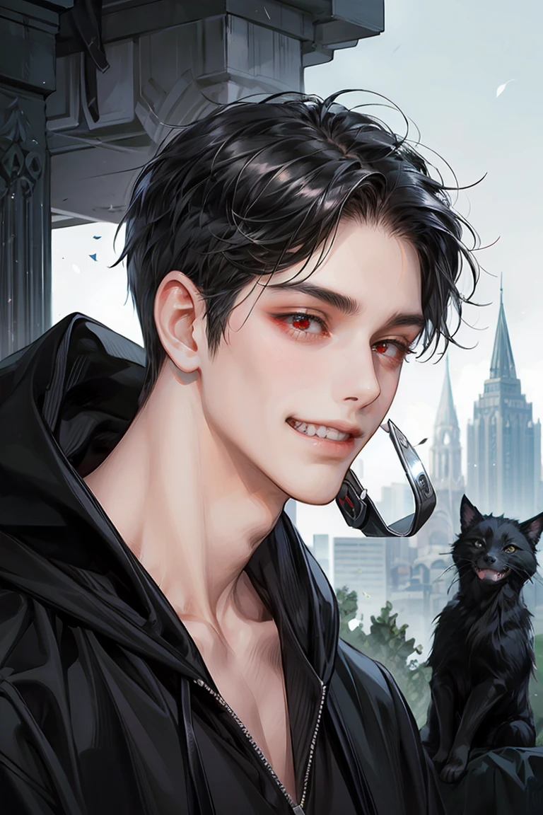 1man, portrait, angelic appearance, solo, Male, large, red eyes, has a scary smile and kitten sharp teeth. Black wolf cut hair, long hair, white skin, wears a black hoodie, wears a black mask to cover mouth, stalker, husband 