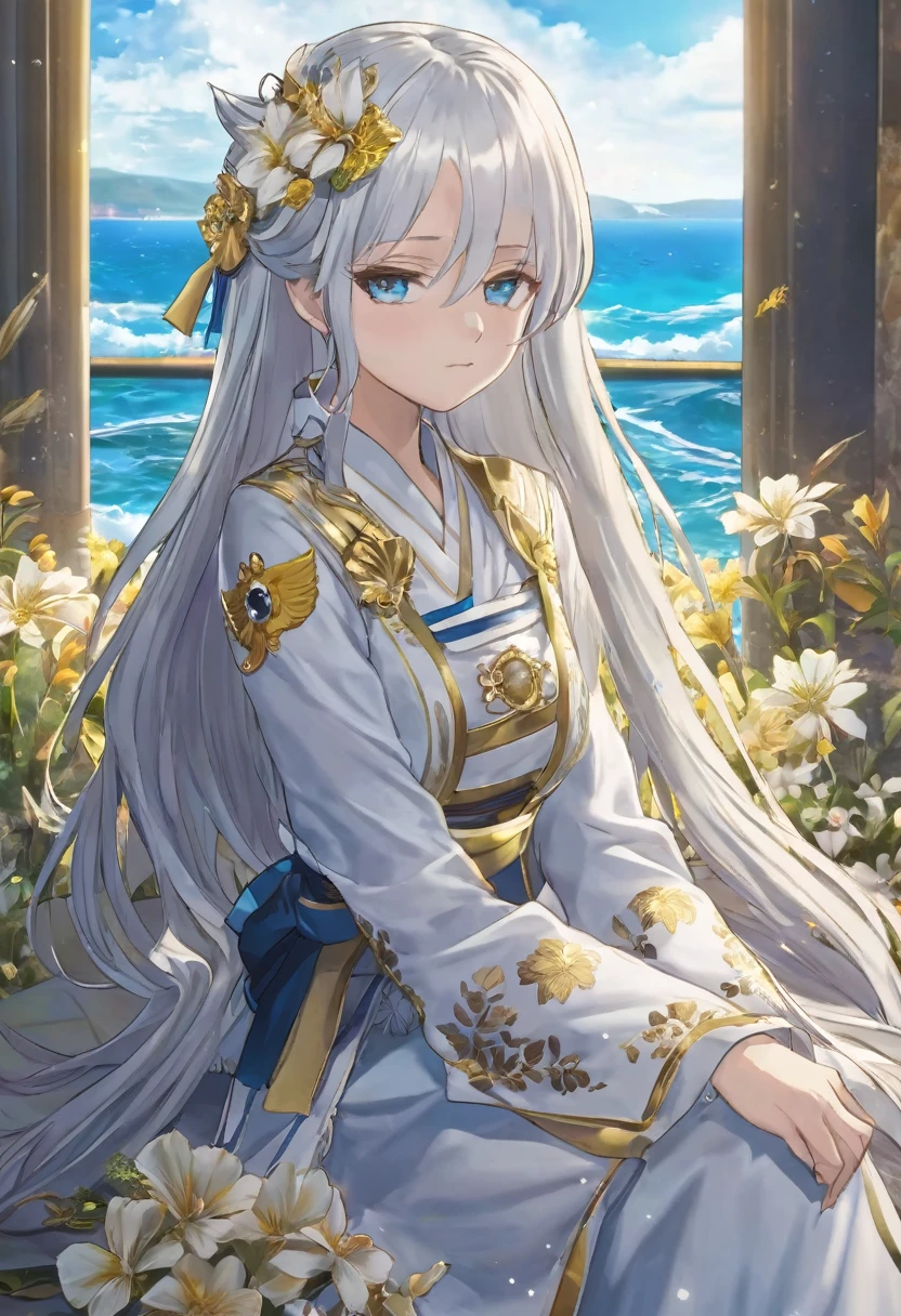 Take a seat by the ocean, She must have long white hair and a very pretty hairstyle., first the king, eyes like honey, cute boku no hero style clothes with gold details, She must be alone and with flowers on her arm as if it were a curse, Don&#39;t forget that your skin is dark 