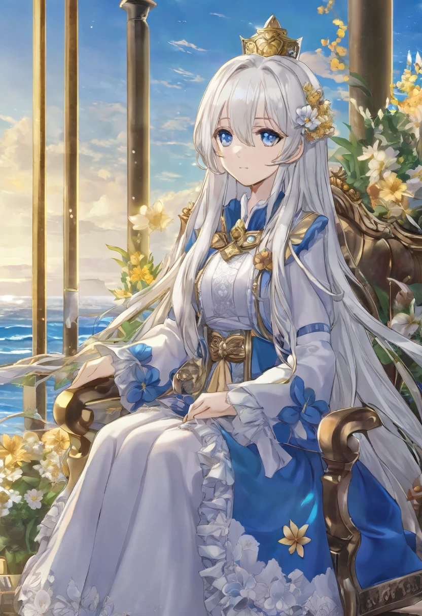 Take a seat by the ocean, She must have long white hair and a very pretty hairstyle., first the king, eyes like honey, cute boku no hero style clothes with gold details, She must be alone and with flowers on her arm as if it were a curse, Don't forget that your skin is dark